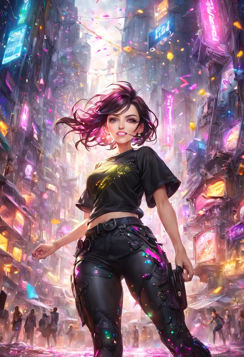 latin beautiful woman. smile. pink dark hair. cyberpunk style. brown eyes. tight black pants. tight black t-shirt. lights. confetti raining down. joyous celebrations. detailed matte painting, deep color, fantastical, intricate detail, splash screen, complementary colors, fantasy concept art, 8k resolution trending on Artstation Unreal Engine 5