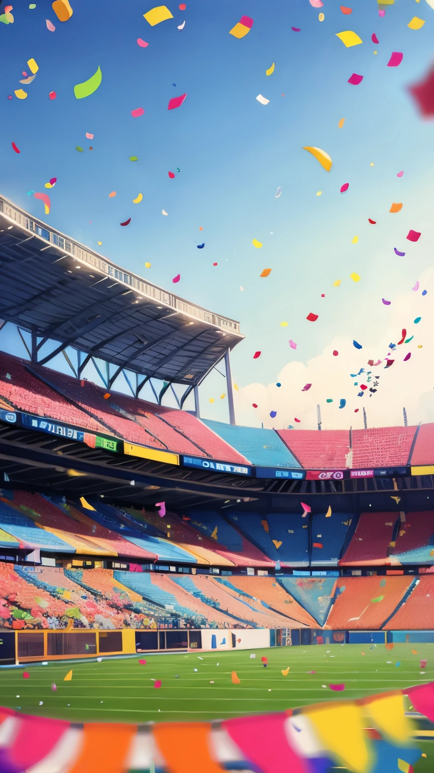 (Colorful confetti flying around the stadium:1.3)