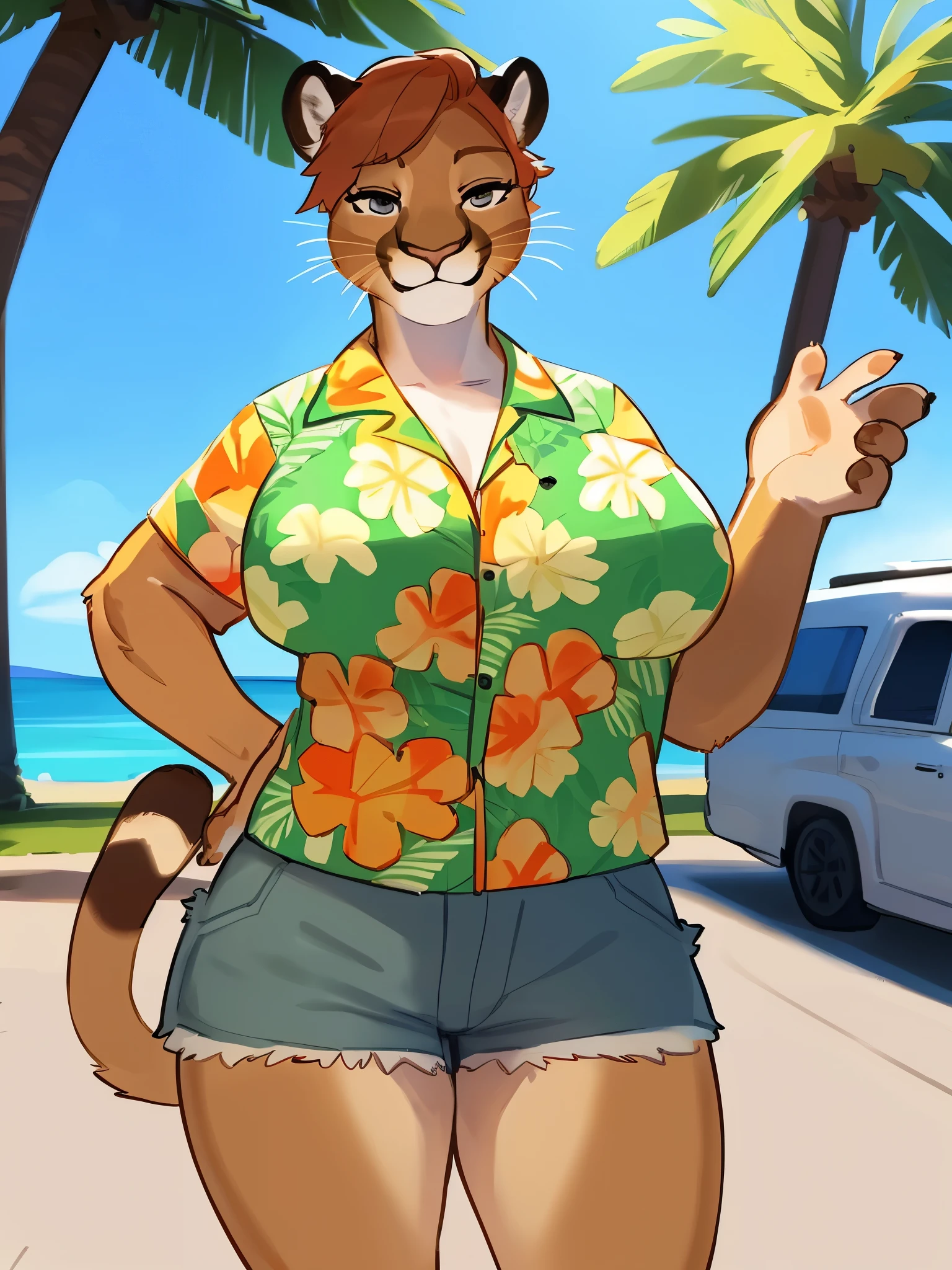 By bebebebebe, by lostgoose, by goonie-san, solo, female, smiling, happy, feline, (((cougar))), big breasts, ((hawaiian shirt)), cargo shorts, standing, in florida, in city, (hair), milf, detailed eyes, (detailed hands, well drawn hands)
