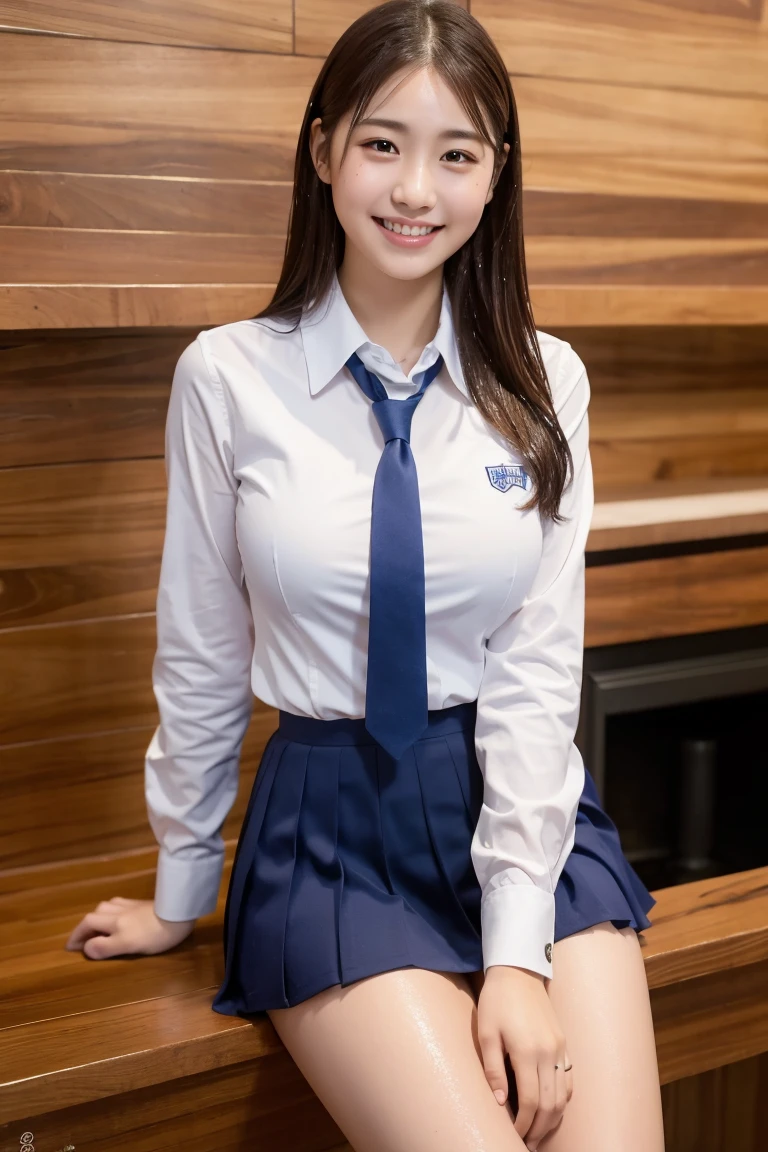 (8K), (highest quality: 1.2), (realistic), (realistic: 1.37), ultra high resolution, 1 girl, beauty, smile, closed mouth, beautiful details, beautiful nose, whole body, wet hair, giant dulcefo, pork meat, school uniform, thighs、big breasts