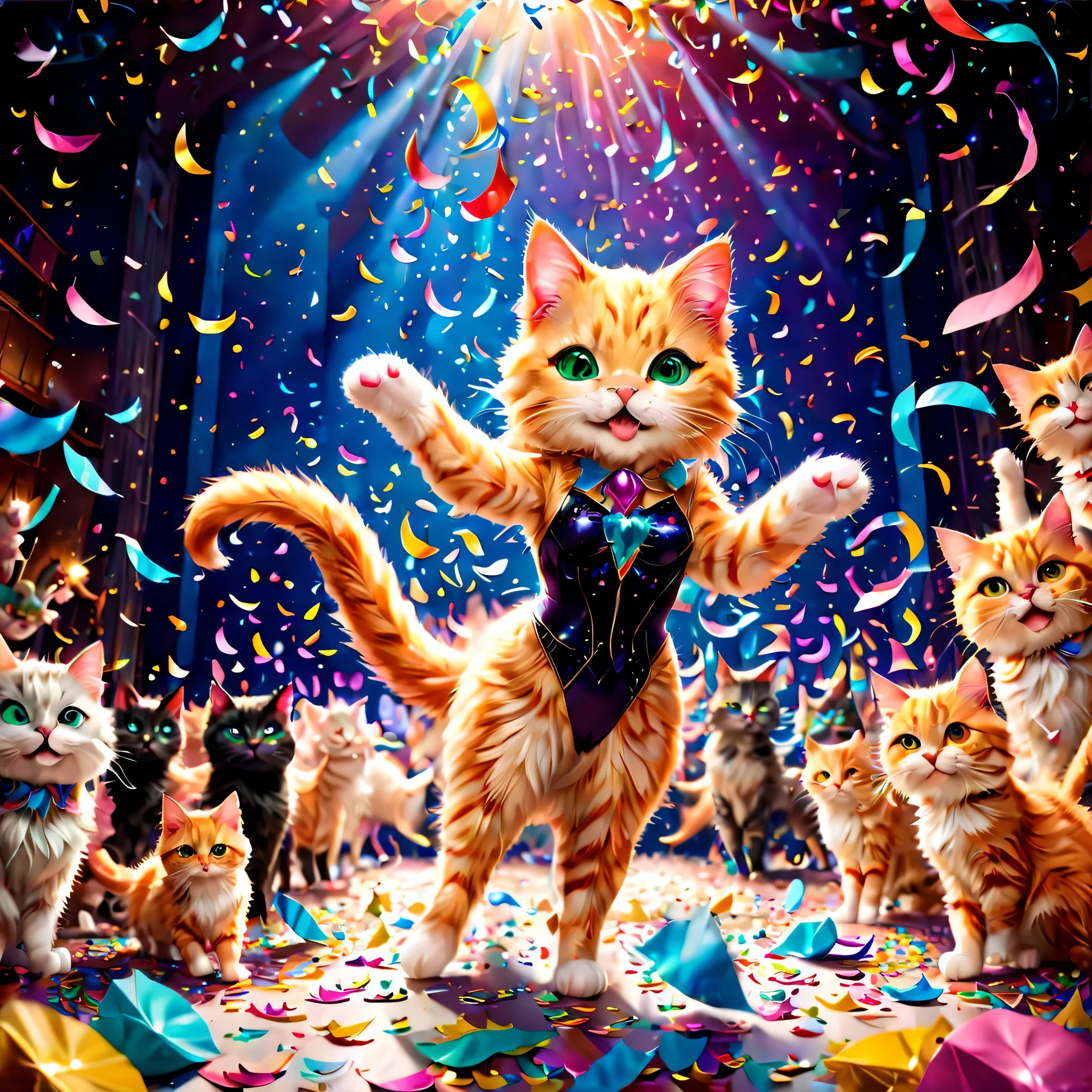 colorful confetti:1.3, Glowing confetti, There's so much confetti that you can't see the cast. (Maximizing the beauty of confetti), broadway musical「cats」grand finale of, personification, cat style cosplay, Cat ear, tailed, The leotard is , luxurious stage equipment, gondola, lift, ultra wide angle