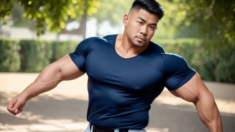 (Highly detailed 8K wallpaper), asian man, muscle worship, fold your arms, On the playground, baseball uniform, high detail, very short hair, skin head, Circular cut, very large and strong body, bulging muscles, muscular, very large pectoral muscles. Very sexy abs, legs are muscular, Toned figure, brightens oily skin, muscular, Tank top, T-shirt, long shot, wide shot