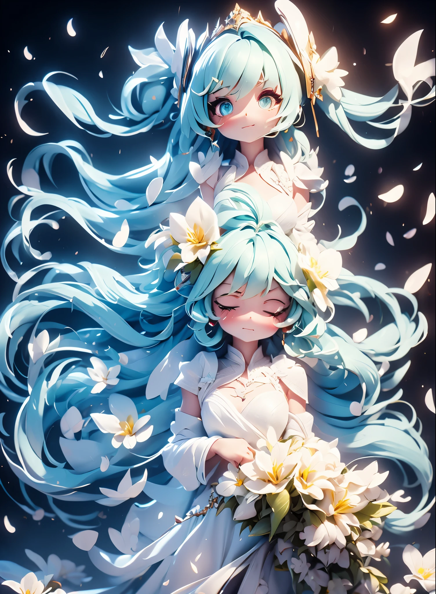 hatsune miku blue hair , Kagamine Rin yellow hair , White Wedding Dresses, long hair, flower hairpin, wedding bouquet wrapped in white paper, hand caressed hair, The effect of falling white petals, lily, big,