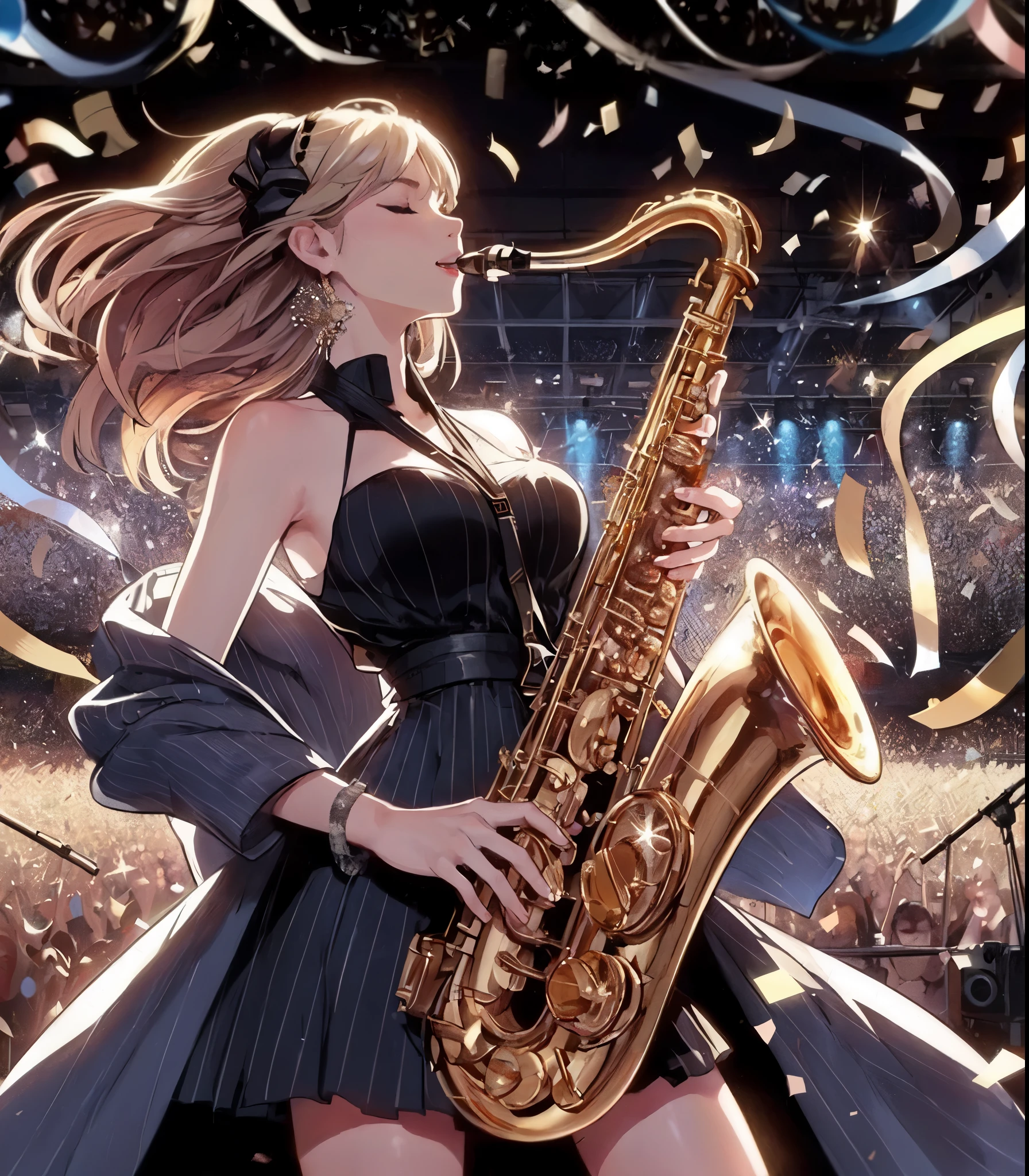 1lady solo, (playing the saxophone), (dynamic posing), (stylish outfit), mature female, /(blond hair/) bangs, light smile (eyes slightly closed), (holding saxophone in mouth) (closed mouth:1.1), (masterpiece best quality:1.2) delicate illustration ultra-detailed, large breasts BREAK (silver and gold confetti:1.2) dancing down BREAK (music stage) indoors, colorful confetti, spotlight, audience, detailed background
