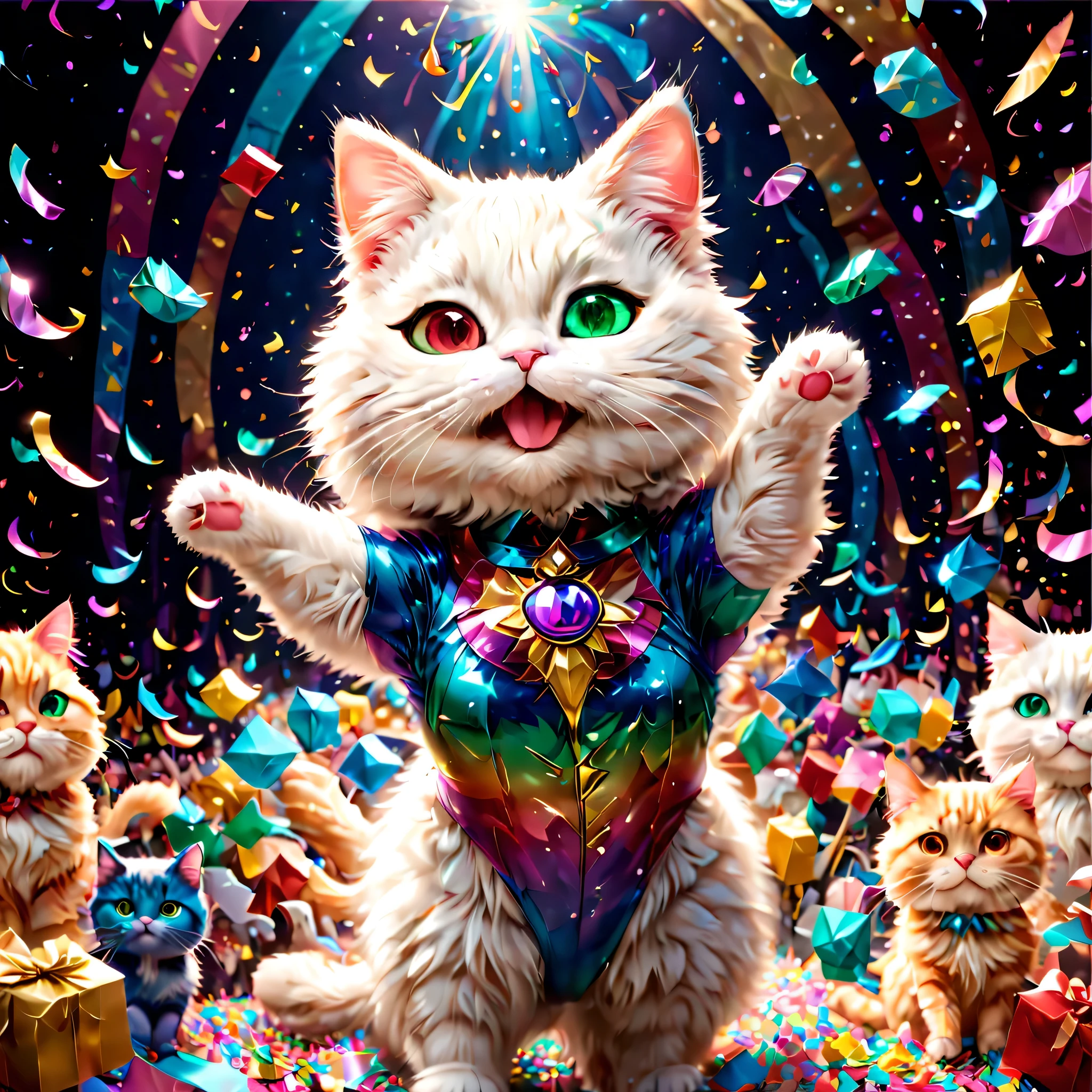 colorful confetti:1.3, Glowing confetti, There&#39;s so much confetti that you can&#39;t see the cast. (Maximizing the beauty of confetti), broadway musical「cats」grand finale of, personification, cat style cosplay, Cat ear, tailed, The leotard is , luxurious stage equipment, gondola, lift, ultra wide angle