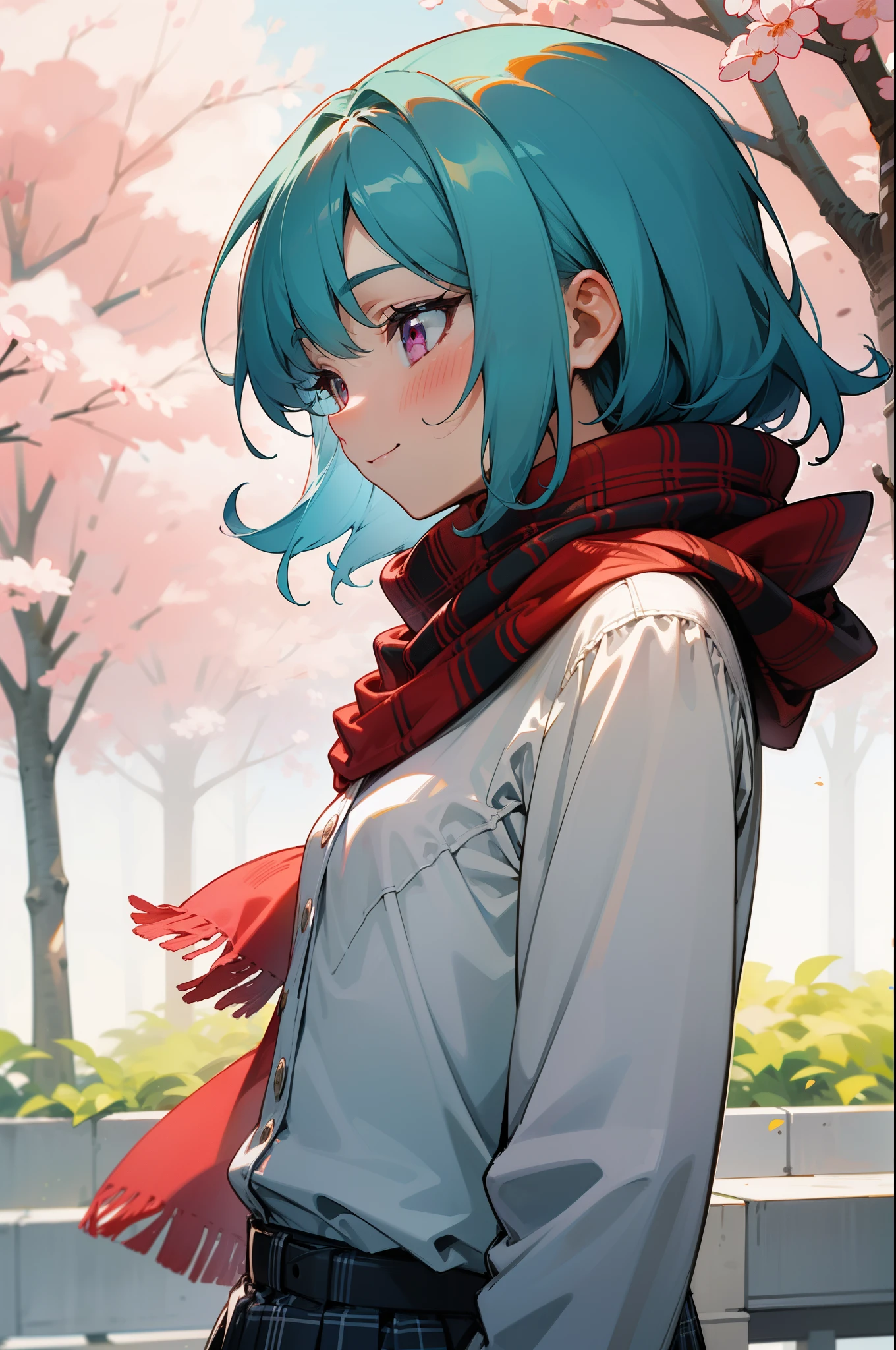 girl、light blue hair、pink eyes、smile、blush、small breasts、profile、White blouse shirt、plaid skirt、street tree、acorn、upper body up、sharp outline、tomboy、boyish、spring、(red scarf)