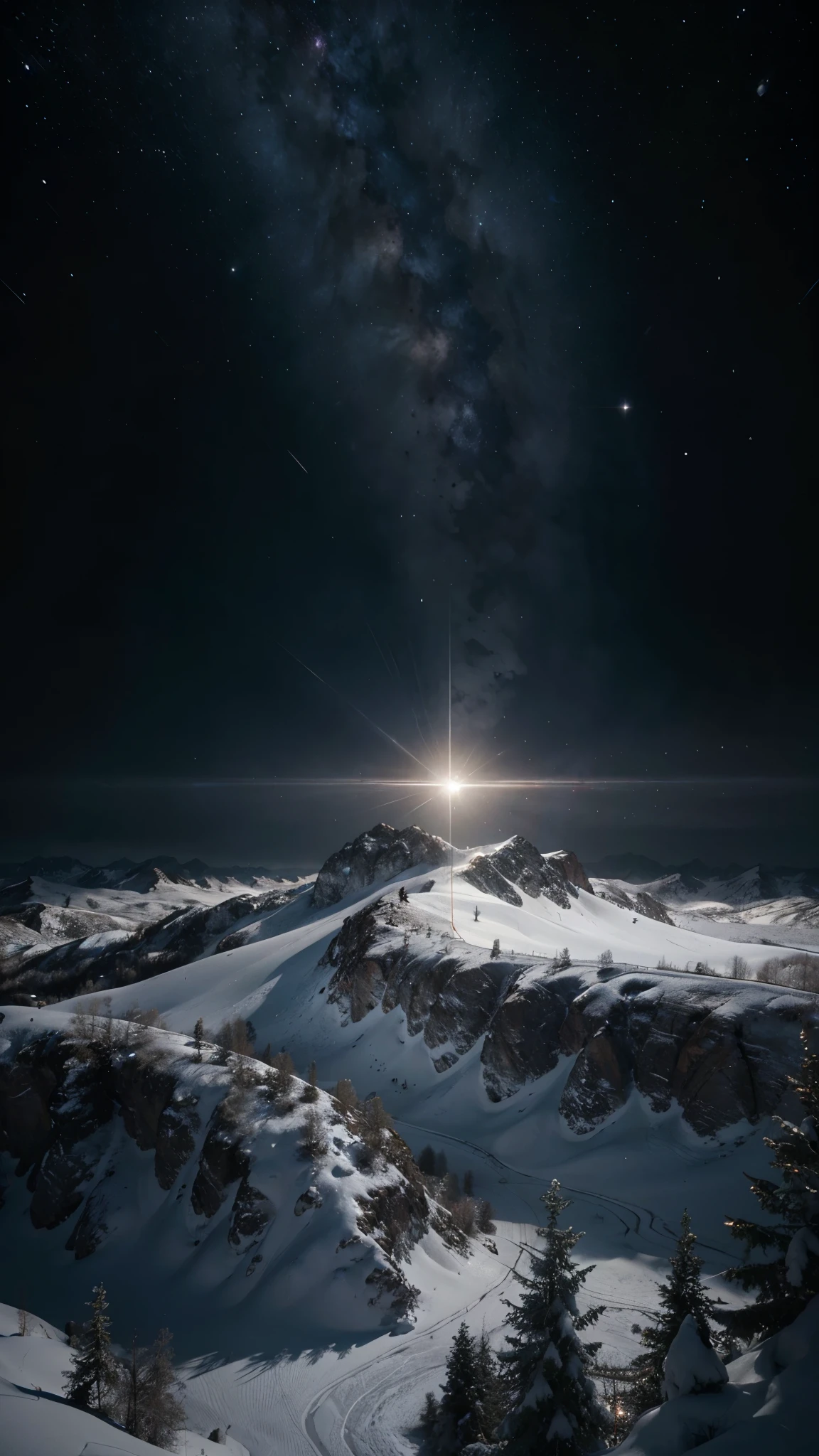 No people, raw photo with no one, black and white big fluffy heart with surrounding white snowflakes, snow-capped mountains and forest in the background, dark sky, nebula, galaxy, focus, super high resolution, super detailed focus , high detail, 8K, photorealistic, dazzling, rule of thirds, depth of field, intricate parts, conceptual art, bright colors, futuristic design, attention to detail, grandeur and awe, stunning visuals masterpiece, hard light