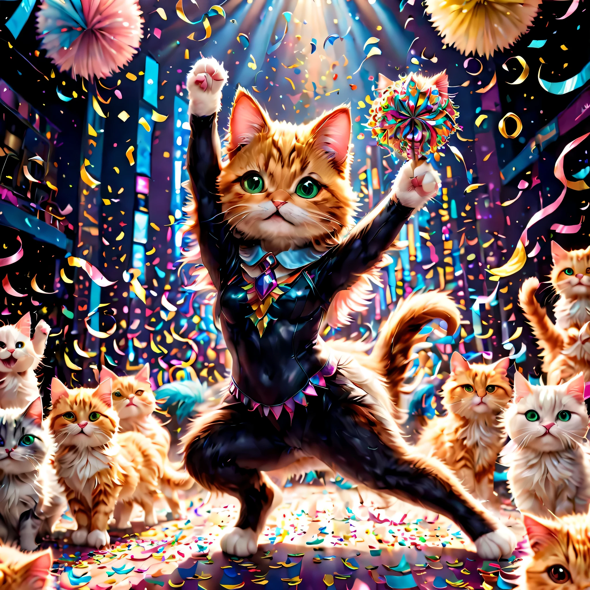 colorful confetti:1.3, Glowing confetti, There&#39;s so much confetti that you can&#39;t see the cast. (Maximizing the beauty of confetti), broadway musical「cats」grand finale of, personification, cat style cosplay, Cat ear, tailed, The leotard is , luxurious stage equipment, gondola, lift, ultra wide angle