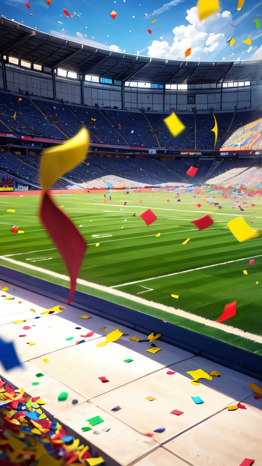 (Colorful confetti flying around the stadium:1.3)