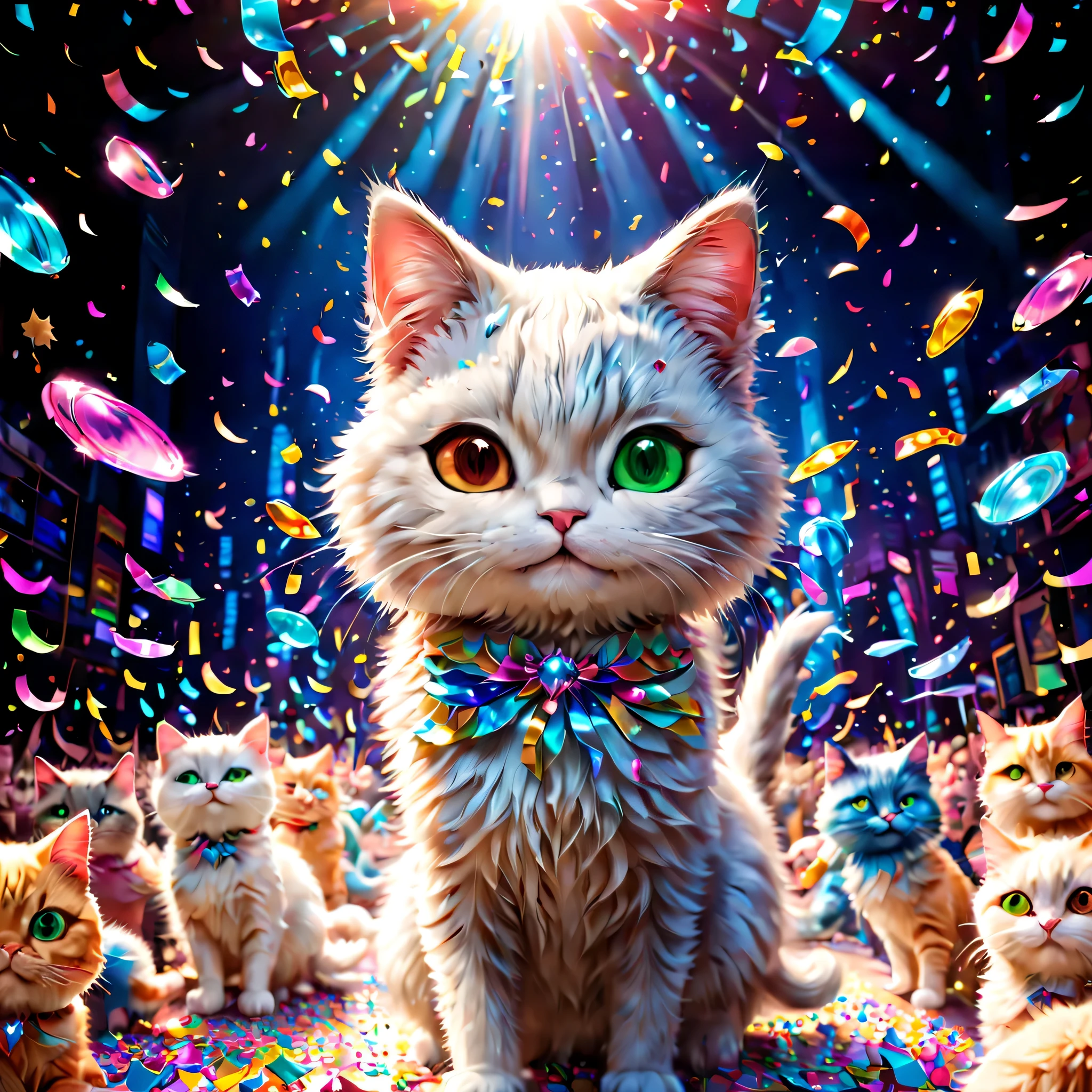 colorful confetti:1.3, Glowing confetti, There&#39;s so much confetti that you can&#39;t see the cast. (Maximizing the beauty of confetti), broadway musical「cats」grand finale of, personification, cat style cosplay, Cat ear, tailed, The leotard is , luxurious stage equipment, gondola, lift, ultra wide angle