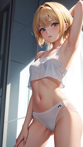 European junior high school student, fighting competition, arms wide open, legs apart, beautiful girl, blonde, short hair, small breasts, slim, beautiful legs, delicate and beautiful skin, white tank top, tank top is transparent, white underwear, underwear is transparent, very exposed skin Frequently The lower part of the chest is visible The clothes are wet The belly button is exposed The whole body is sweaty The hair is wild and disheveled The hair is wet Shy expression View from directly below Armpit hair is growing