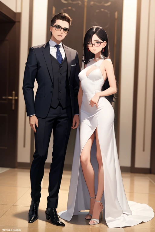 Pareja de hombre y mujer, hombre con lentes de aumento, alto, poco cabello, tez clara, traje de gala y mujer alta, tez clara, vestido rojo de gala
