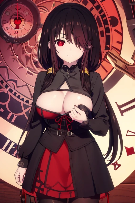 kurumitokisaki, tokisaki kurumi, (clock eyes:1.5), black hair, long hair, twintails, (hair over one eye:1.3), (red eyes:1.5), (big breast:1.6), smug smile, gothic, gothic dress, pantyhose, black pantyhose, (cowboy shot:1.5),(masterpiece:1.2), best quality, high resolution, unity 8k wallpaper, (illustration:0.8), (beautiful detailed eyes:1.6), extremely detailed face, perfect lighting, extremely detailed CG, (perfect hands, perfect anatomy), cute