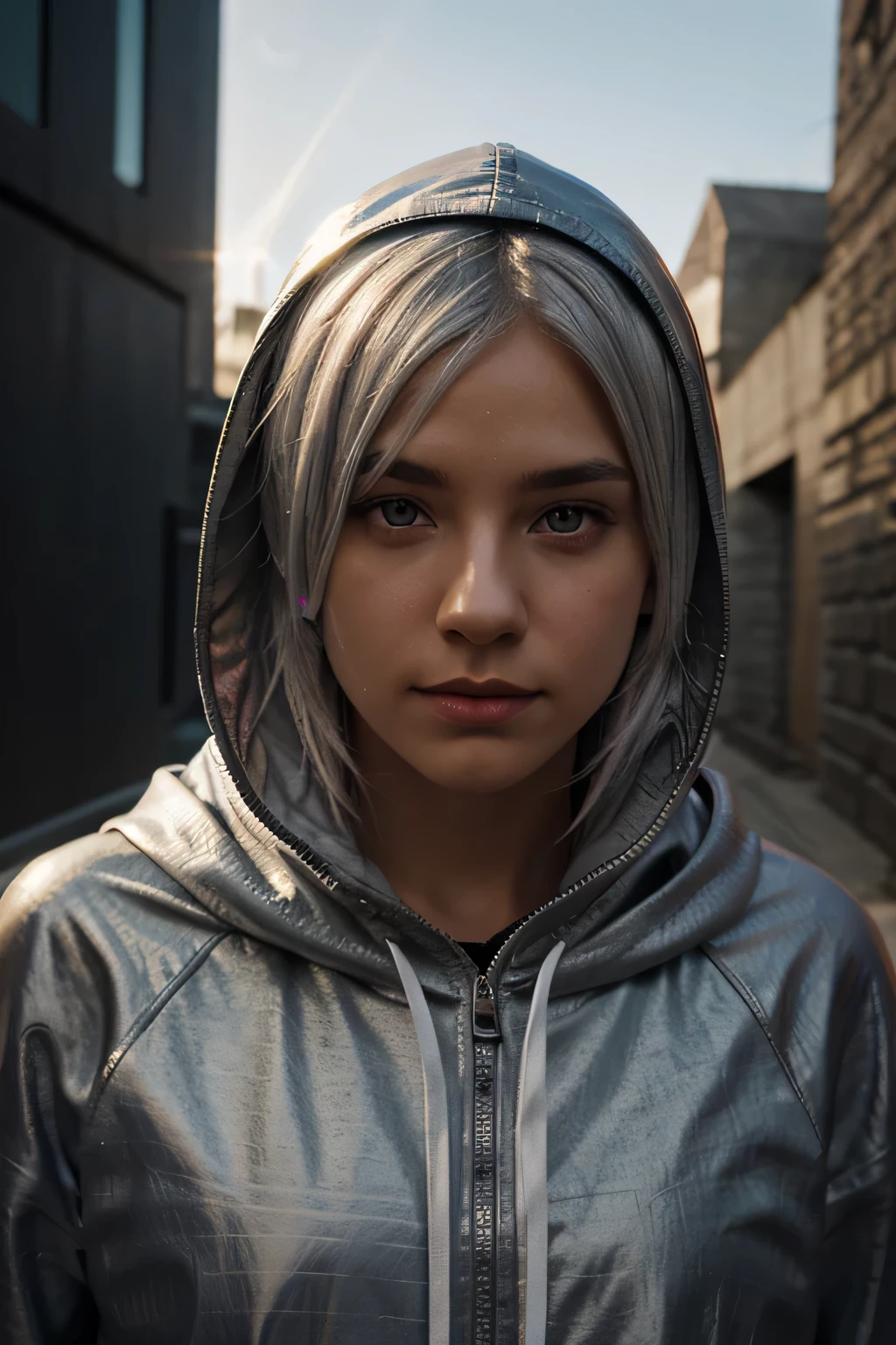 silver hair, hood, colorful eyes, smelling, modern, backlight, fading border, Trilateral view, Caustics, 1080P