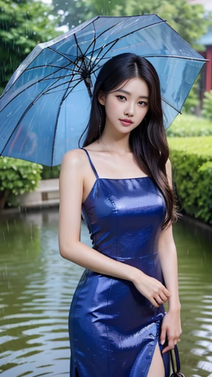 a girl araffe asian woman in blue dress holding umbrella in rain, gorgeous chinese model, beautiful asian girl, chinese girl, beautiful girl model, pretty girl standing in the rain, very beautiful girl, chinese style, asian girl, chinese woman, beautiful asian woman, raining portrait, beautiful model girl, by Fan Qi, beautiful south korean woman, wet from rain, by Ye Xin