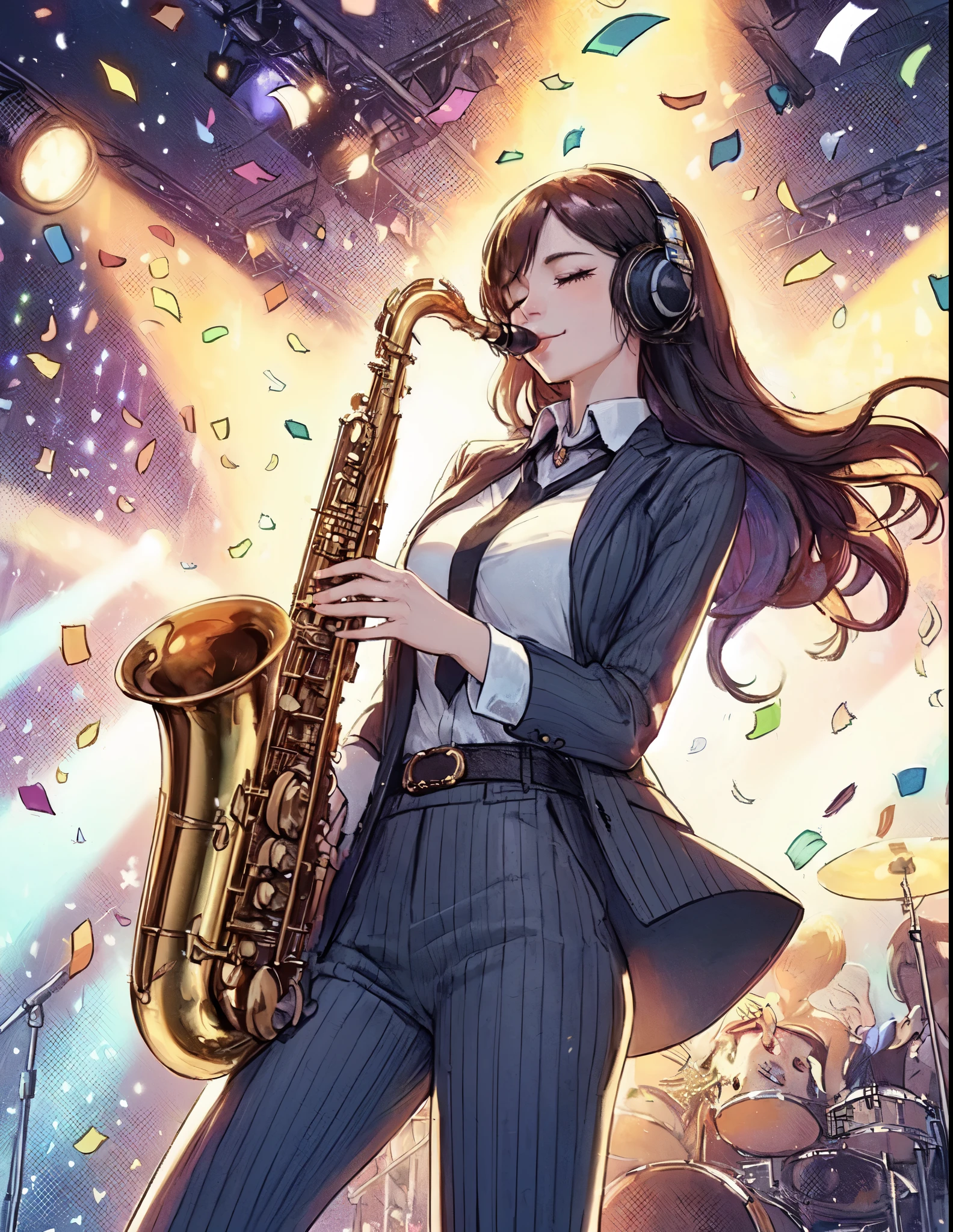 1lady solo, (playing the saxophone), (dynamic posing), (stylish outfit), mature female, /(blond hair/) bangs, light smile (eyes slightly closed), (holding saxophone in mouth) (closed mouth:1.1), (masterpiece best quality:1.2) delicate illustration ultra-detailed, large breasts BREAK (silver and gold confetti:1.2) dancing down BREAK (music stage) indoors, colorful confetti, spotlight, audience, detailed background