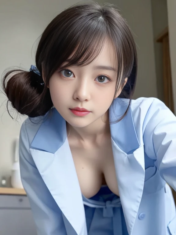 (highest quality、masterpiece:1.2)、super detailed、(photo-realistic:1.4)、Japanese、cute、25 years old、Looking out of the camera、random hairstyle、random facial expressions、Light blue lab coat、downblouse, light_particle、bright hospital、stand、(leaning forward)、You can see a little cleavage