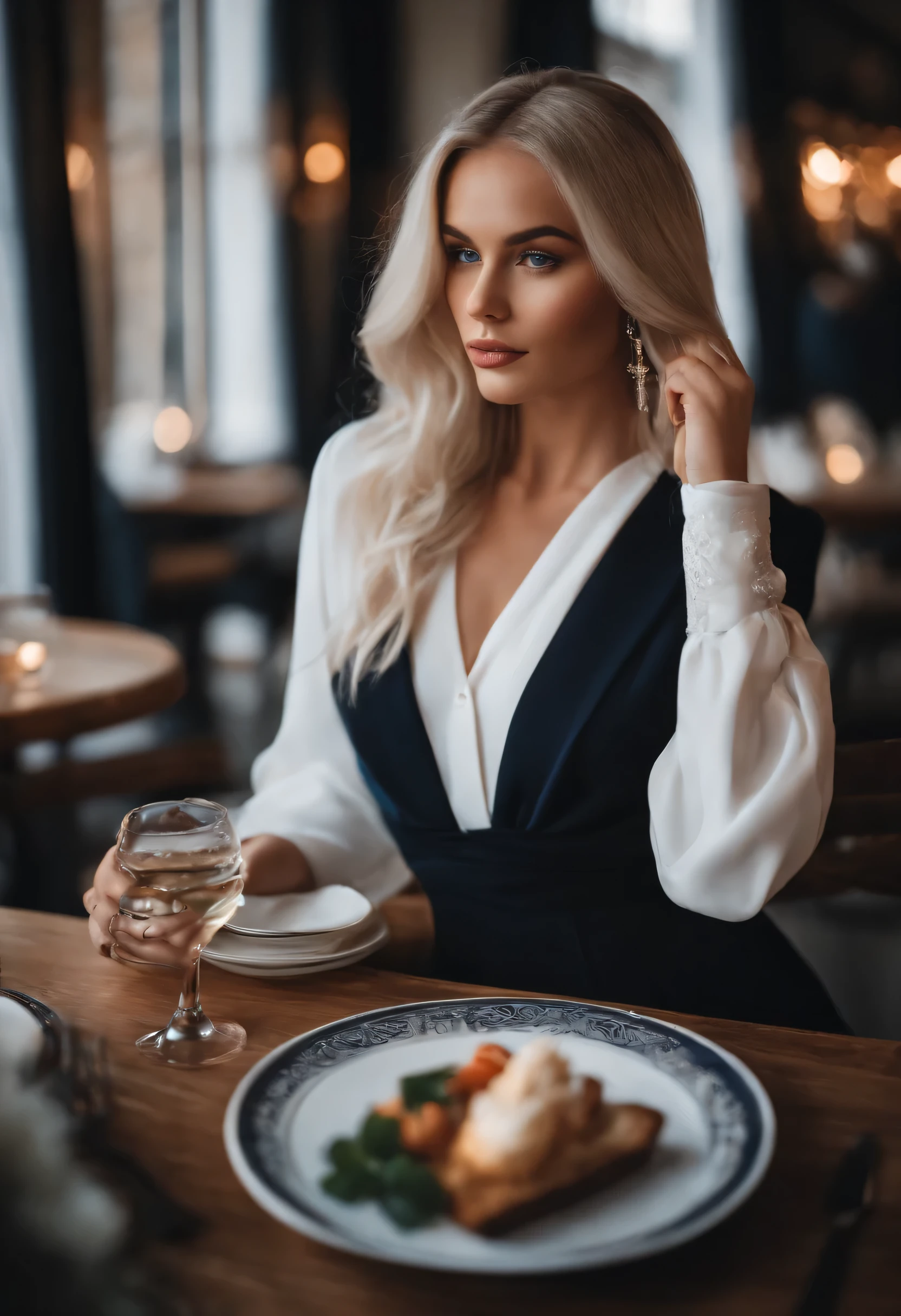 Realistic white Instagram influencer, best quality, blond, 1 girl, blaue Augen, in weiss, enger, kurzes Kleid, Restaurant