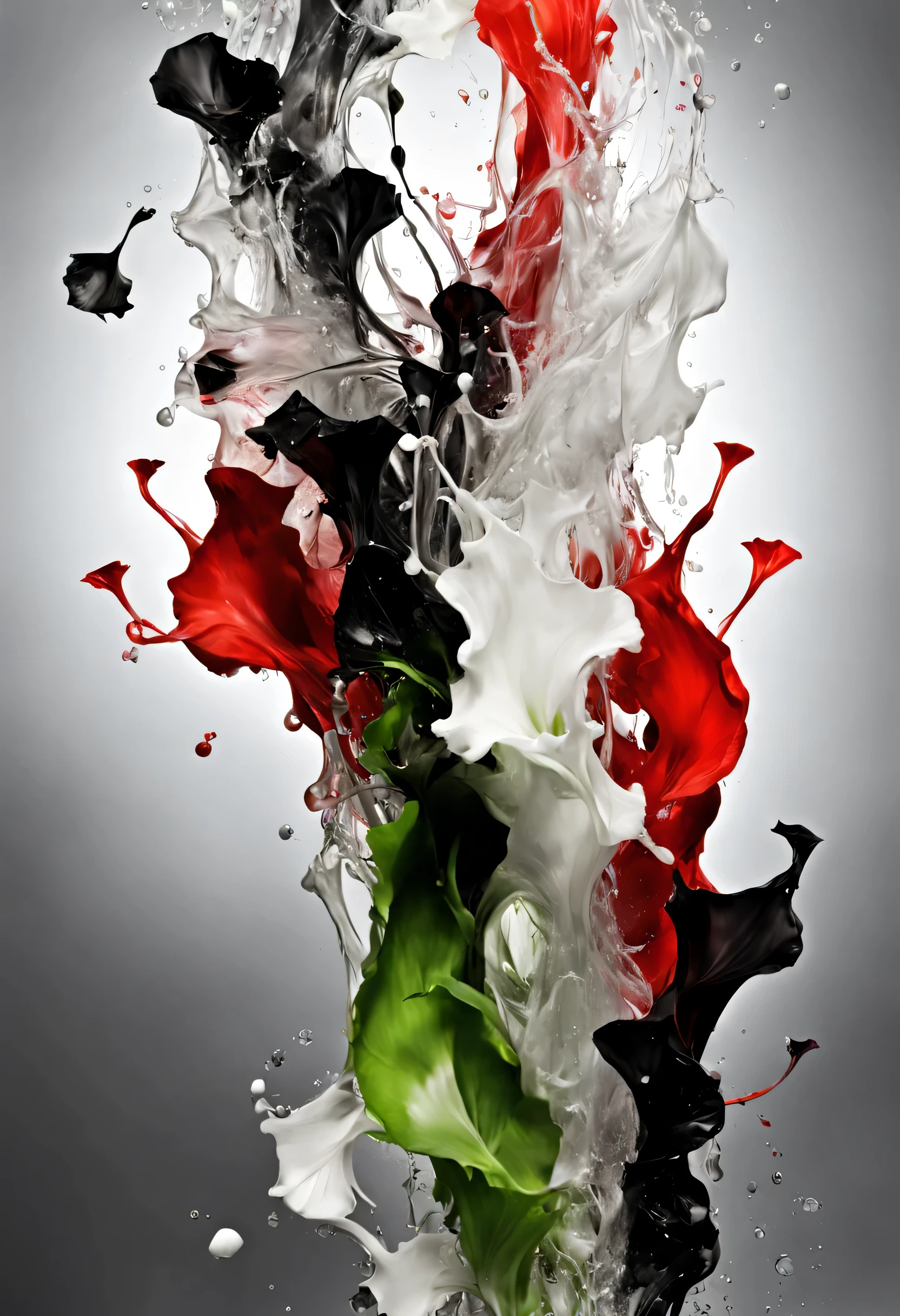 watereffects,creating splashes of black, white, red, and green simple background, grey background, in the style of grow colors