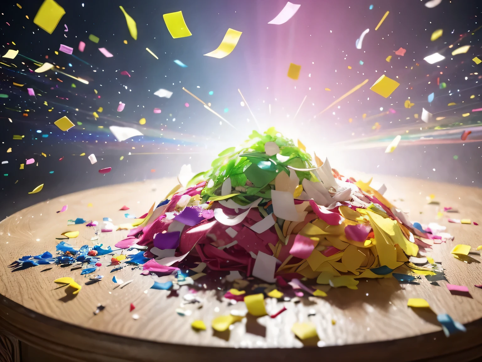 a close up of a pile of confetti on a table, confetti, lots of particle, floating particle, light scattering, particle, 五彩flash,particle are flying, particle disintegration, particle floating, flash, colorful pictures, colorful image, food particle, Scattered, multicolor, flying particle