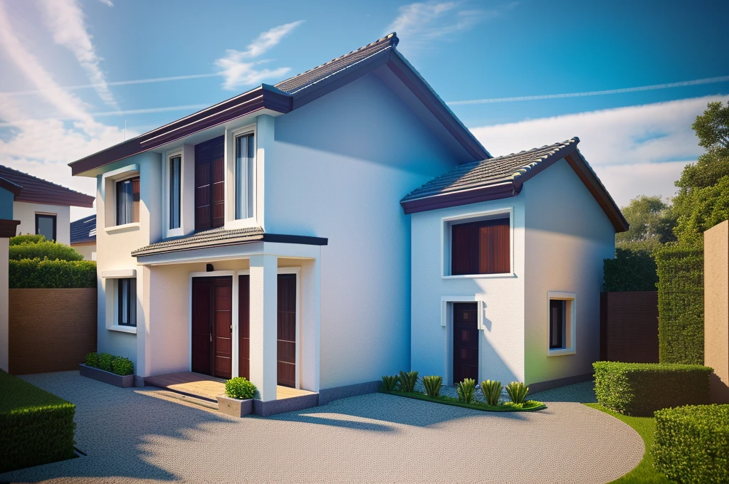 Modern townhouse, combining neoclassical style, street, car driving in front of the house, (LoGo:1.5 does not appear), Modern style, Extremely detailed image, masterpiece, surreal, rendered with vray 2023, Render 8k, White painted walls, aluminum glass doors and windows, large ceramic tiled yard, Natural light, cloudy, some pretty small flower pots during the day, 8K