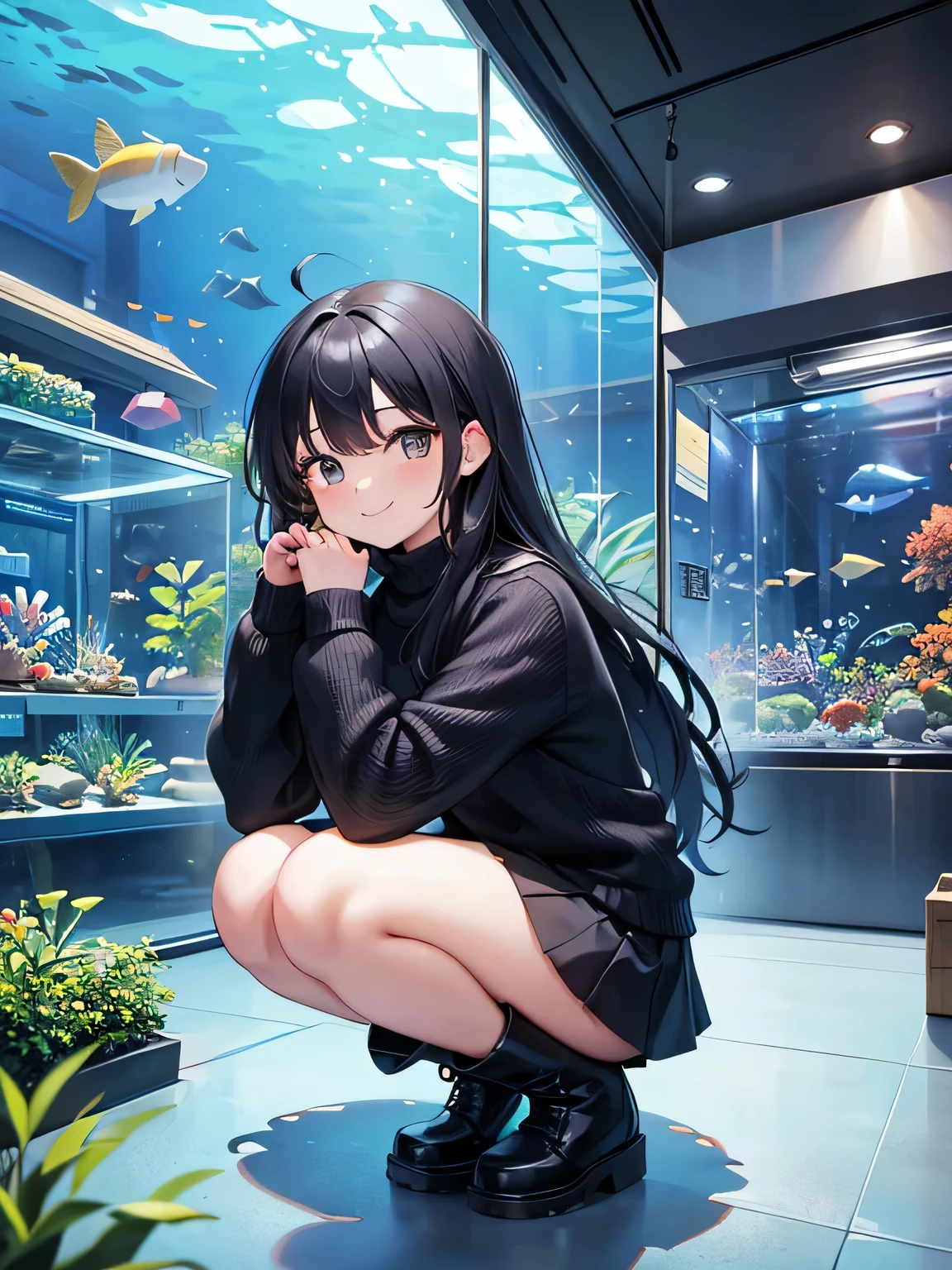 (1) A woman is squatting down and looking at the aquarium.
(2) that woman has long black hair.
(3) The woman is wearing a fluffy knit, Mini skirt and long boots.
(4) The woman&#39;s expression is a smile.
(5) The place is an aquarium.