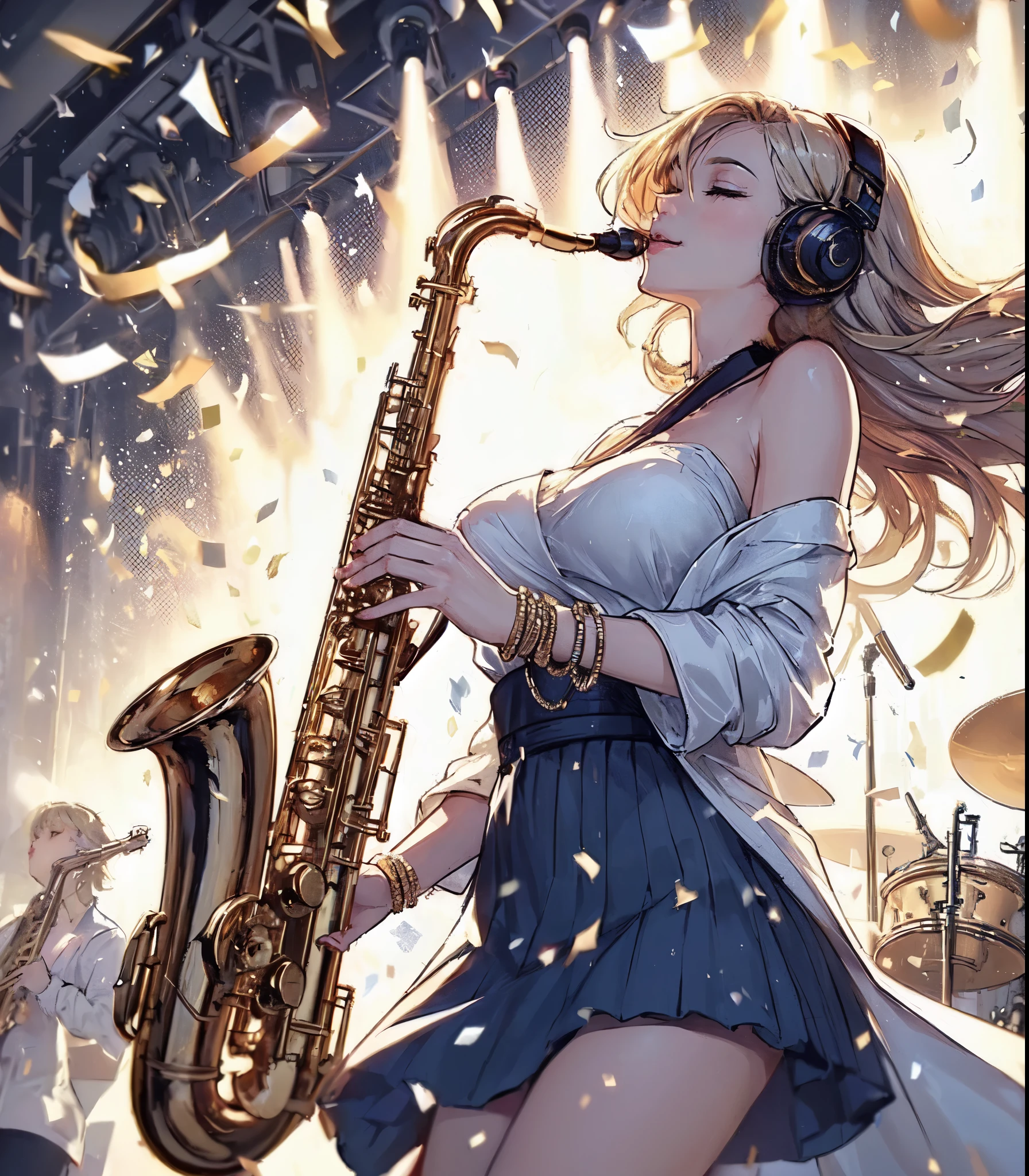 1lady solo, (playing the saxophone), (dynamic posing), (stylish outfit), mature female, /(blond hair/) bangs, light smile (eyes slightly closed), (holding saxophone in mouth) (closed mouth:1.1), (masterpiece best quality:1.2) delicate illustration ultra-detailed, large breasts BREAK (silver and gold confetti:1.2) dancing down BREAK (music stage) indoors, colorful confetti, spotlight, audience, detailed background