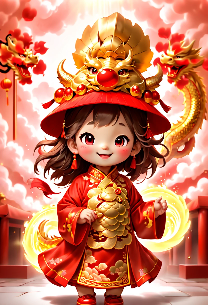 3D character rendering，(Vector illustration style)，((1 girl，The image of the laughing God of Wealth baby can be designed to be dressed in gorgeous Chinese red clothing，Gold cloud and dragon patterns can be embroidered on clothes，Shows the meaning of wealth and prosperity))，((The God of Wealth, who lacks expressiveness, has a kind and confident expression.，The eyes are full of wisdom，Laugh heartily，It gives a sense of peace of mind))，((The God of Wealth’s hair can be designed into a red official hat，A ruby can be set in the hat，Demonstrate authority and dignity)), ((Chinese element background，Auspicious cloud background)), (View, First-person perspective, Ghibli style colors, Glowing light, light, ultra high definition, masterpiece, Acura, anatomically correct, textured skin, Super details, high detail, high quality, Award-winning, best quality, 16k), Bubble Mart Blind Box, 3d rendering，