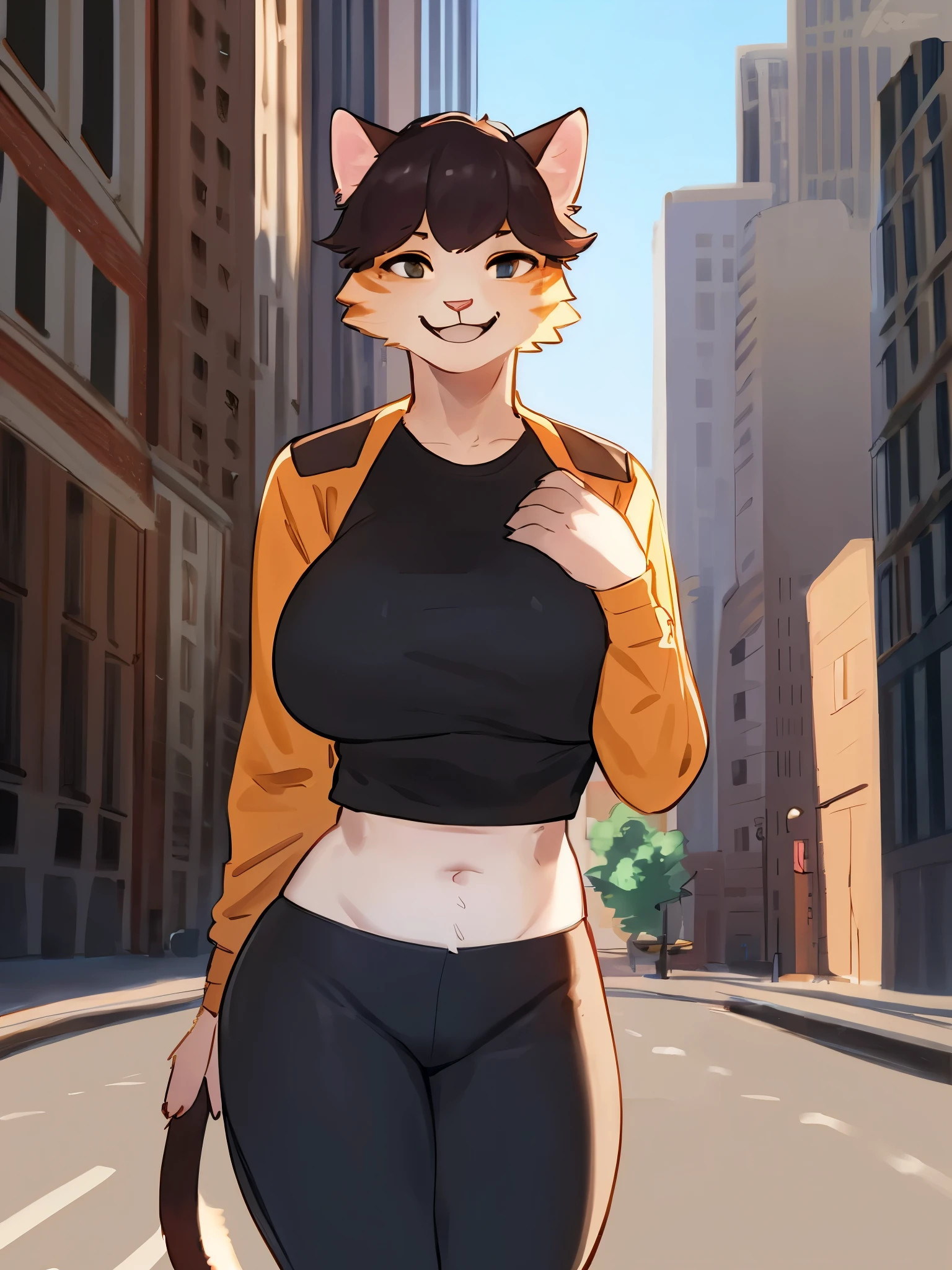 By bebebebebe, by lostgoose, by goonie-san, solo, female, smiling, happy, feline, tight pants, shirt, exposed midriff, big breasts, in city, (hair), detailed eyes, (detailed hands, well drawn hands)