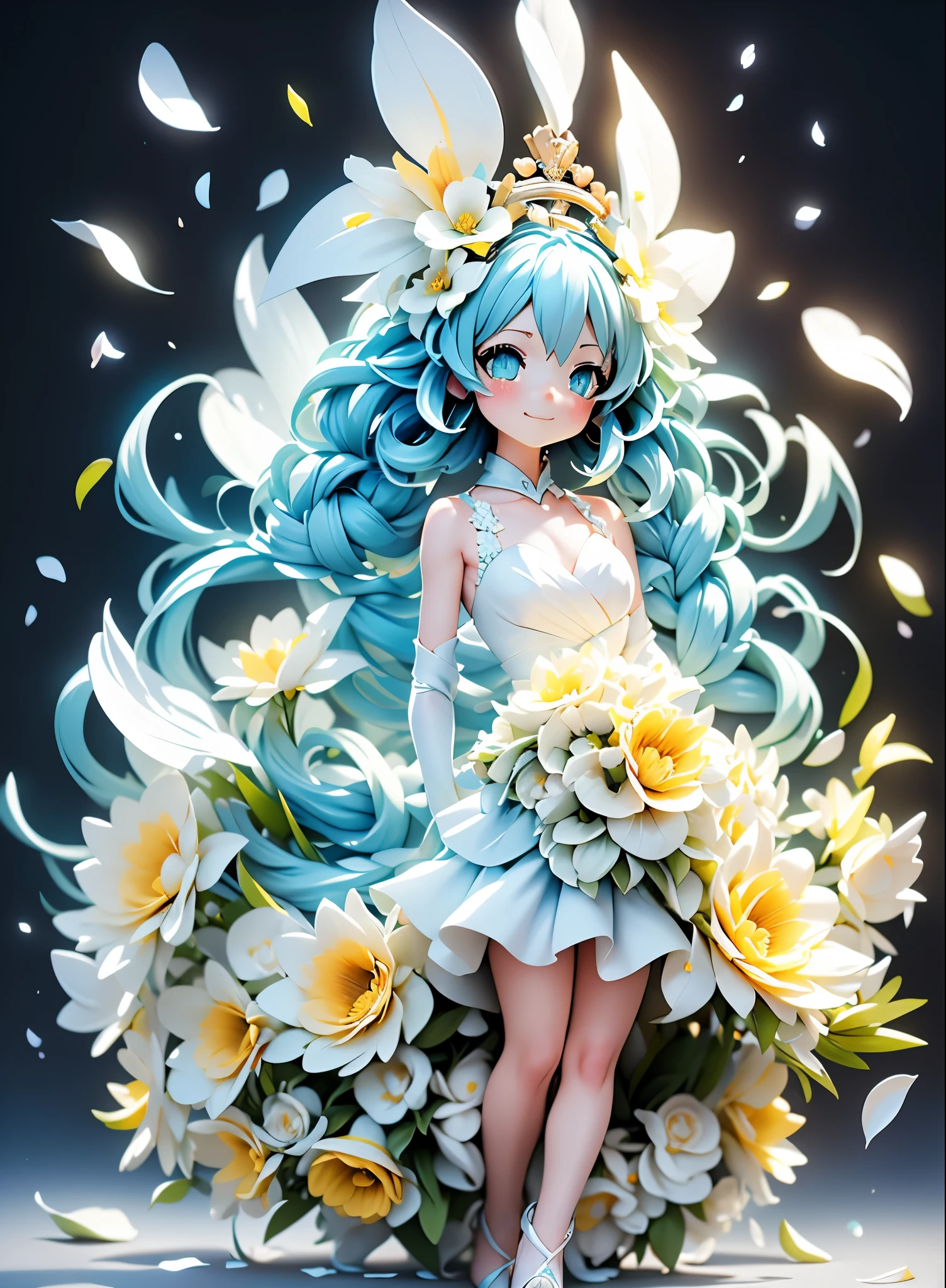 hatsune miku blue hair , Kagamine Rin yellow hair , White Wedding Dresses, long hair, flower hairpin, wedding bouquet wrapped in white paper, hand caressed hair, The effect of falling white petals, lily, big,