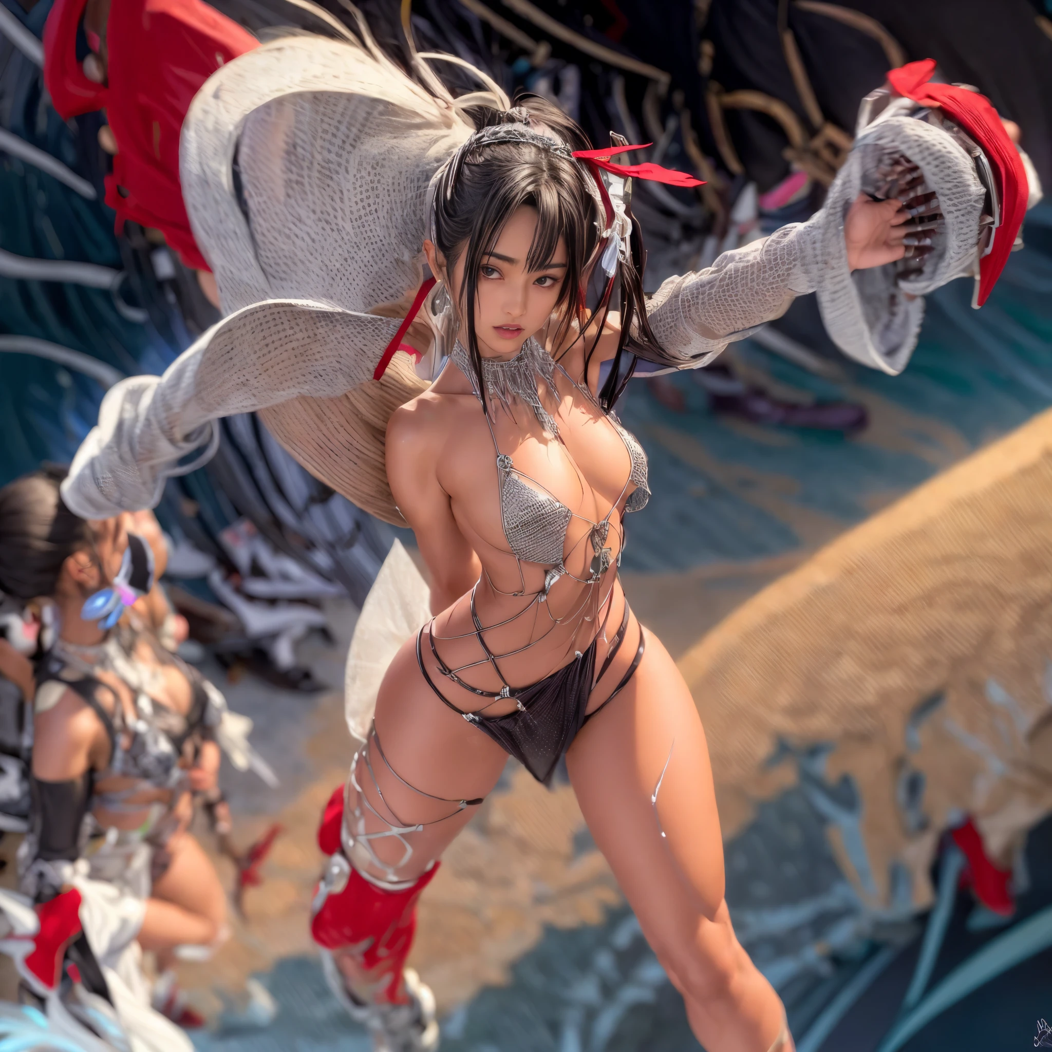 ((NSFW:-0.9, (nipple:-0.9), Volumetric lighting, Acutance:0.85, White and Red, Mystic sight, (many Dazzling flush lights with lens flares), Luminous Particles, many colorful Lights )) . best quality, (masterpiece:1.3, ((Ultra-Realistic and photorealistic with touch of rawness:1.37)), ultra detailed:1.3) BREAK . (Amazing KAWAII Idols Kicking on stage), ((Extremely detailed (KAWAII face variations)) with joyful expressions), { oiled ivory skin | Overflowing Biomechanical HUGE and HEAVY boob | pretty hips | Exquisitely Chain bikini | Full of flowers covering girl's body | long hair:-0.8 }, { (Visible naked backs with Overflowing sideboob) | ( kicking on stage with Red highheels, large crowd:1.4) } . (((corrected pretty hands))), Whole Body proportions and all limbs are anatomically accurate .