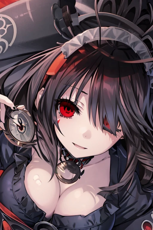 kurumitokisaki, tokisaki kurumi, (clock eyes:1.5), black hair, long hair, twintails, (hair over one eye:1.3), (red eyes:1.5), (big breast:1.6), smug smile, gothic, gothic dress, pantyhose, black pantyhose, (cowboy shot:1.5),(masterpiece:1.2), best quality, high resolution, unity 8k wallpaper, (illustration:0.8), (beautiful detailed eyes:1.6), extremely detailed face, perfect lighting, extremely detailed CG, (perfect hands, perfect anatomy), cute