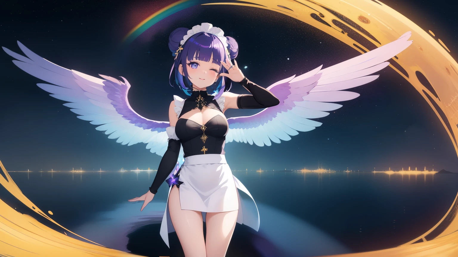 ((best quality)), ((masterpiece)), (detailed), perfect face, masutepiece:1.3), ph rikka 、1girl、 solo、(Best Quality:1.3), High resolution, Couboy Shot, on back,Superb view、(One Cute Girl:1.3), Solo, huge smile、A ring of iridescent angels hovers above my head、Big iridescent heart on background、Angel Ring、maid clothes、maid、Eight-headed body、with full of stars、Meteor swarm、Beautiful cityscape、Colorful starry sky、crouching down、Forehead、wide forehead、Model Standing、cross one's legs、Focus on eye brightness、yogapose、Purple hair, (bobhair:1.2), Mixed mesh and light blue、Bun hair, (Blunt bangs:1.2), Beautiful hair, Eyes are purple, Miraculous Eye、Close your eyes with all your might、Light from the eyes、Eyes are closed(1:4)Beautiful detailed eyes, ultradetailed eyes、Glitter eyes,from the rear、yoga、Colorful starry sky,Stars,Iridescent aura around the eyes、Raise your hand to stretch、Lie down and stick your hips out、Iridescent eyes、Narrowed eyes sucked in,Wearing a rainbow-colored aura from the whole body、 Shadow lighting,perfectbody