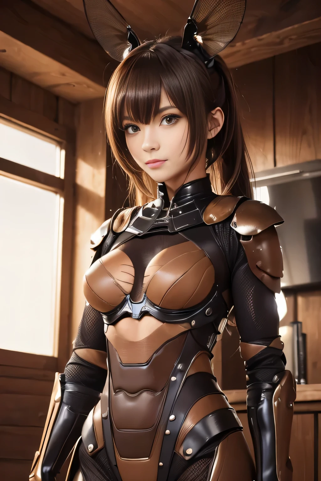 (High resolution,masterpiece,highest quality,Very detailed CG, anime, official art:1.4), realistic, photograph, amazing detail, all complicated, luster and luster,great many layers, 8k wallpaper, 3D, sketch, cute, figure,( alone:1.4), perfect female proportions,villain&#39;s daughter, (Fusion of dark brown cockroach and lady:1.4), (brown cockroach form lady:1.2), (brown cockroach woman:1.2), (Fusion:1.2), (alone:1.4), (evil smile:1.2), muscular, abs, (Cockroach brown exoskeleton bio insect suit:1.4), (Cockroach brown exoskeleton bio insect armor:1.2), (brown transparent cockroach feathers:1.4), (brown cockroach antenna:1.3),