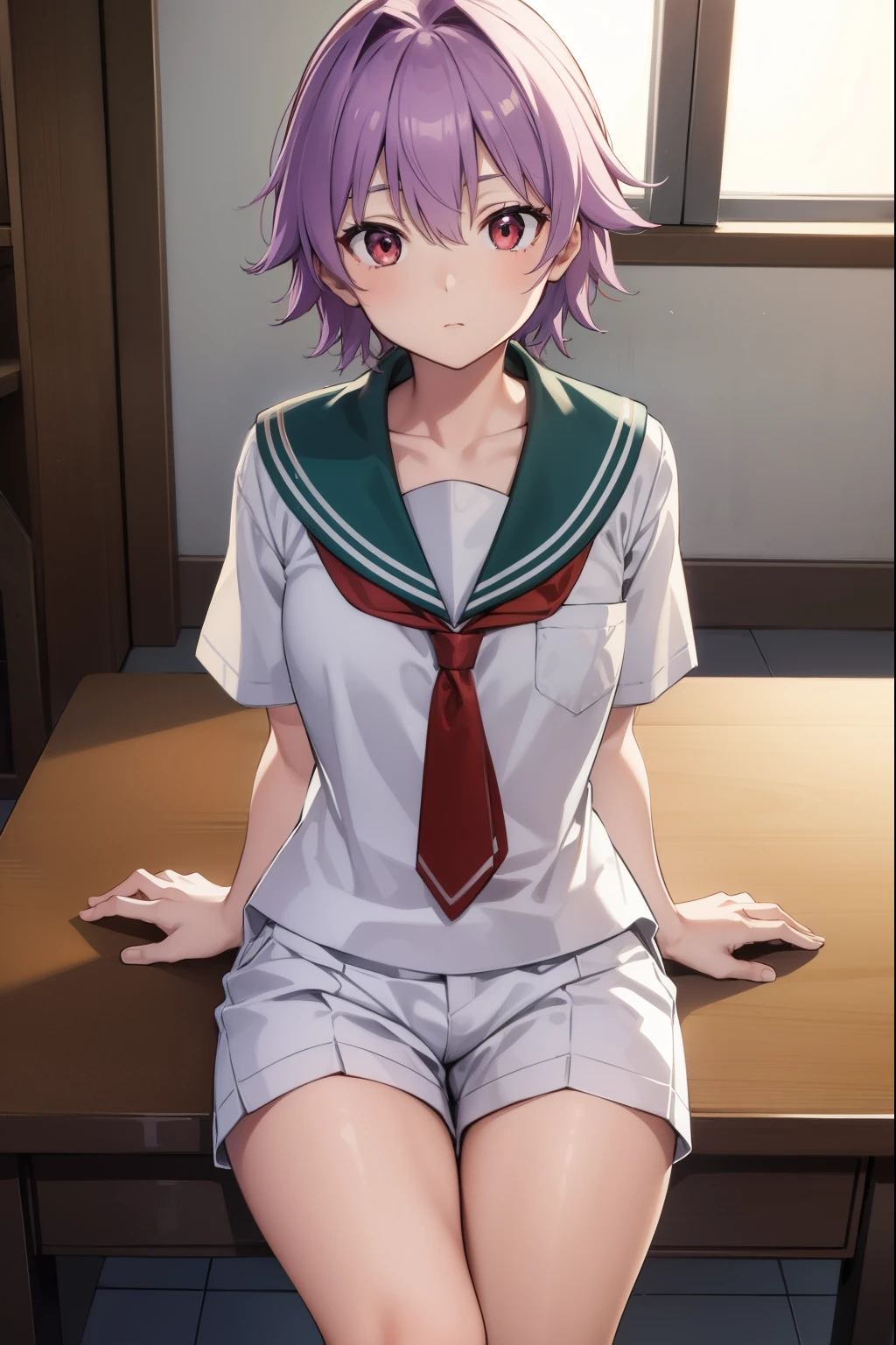 kantaitama, tama, hair between eyes, purple hair, short hair, (red eyes:1.5),
BREAK school uniform, serafuku, sailor collar, green sailor collar, shirt, white shirt, short sleeves, necktie, red necktie, shorts, white shorts,
BREAK looking at viewer, full body,
BREAK indoors, classroom,
BREAK (masterpiece:1.2), best quality, high resolution, unity 8k wallpaper, (illustration:0.8), (beautiful detailed eyes:1.6), extremely detailed face, perfect lighting, extremely detailed CG, (perfect hands, perfect anatomy),