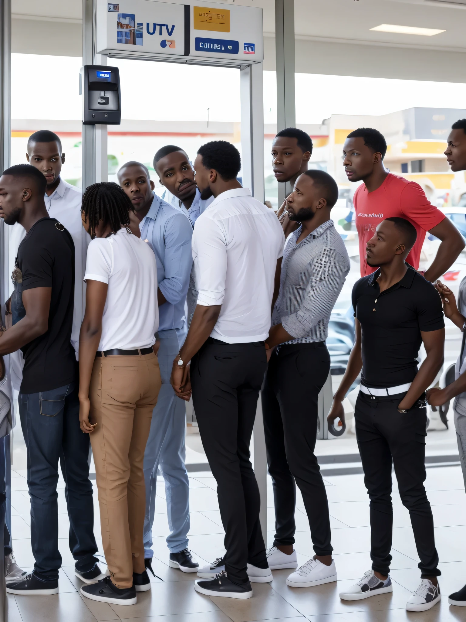 5 black men and women dressed casually in line one behind the other standing to make payments at the ATM and one of them almost leaving the line and all stressed, numa rua de Angola, carro e arvores no fundo, detalhes, ultra 7k