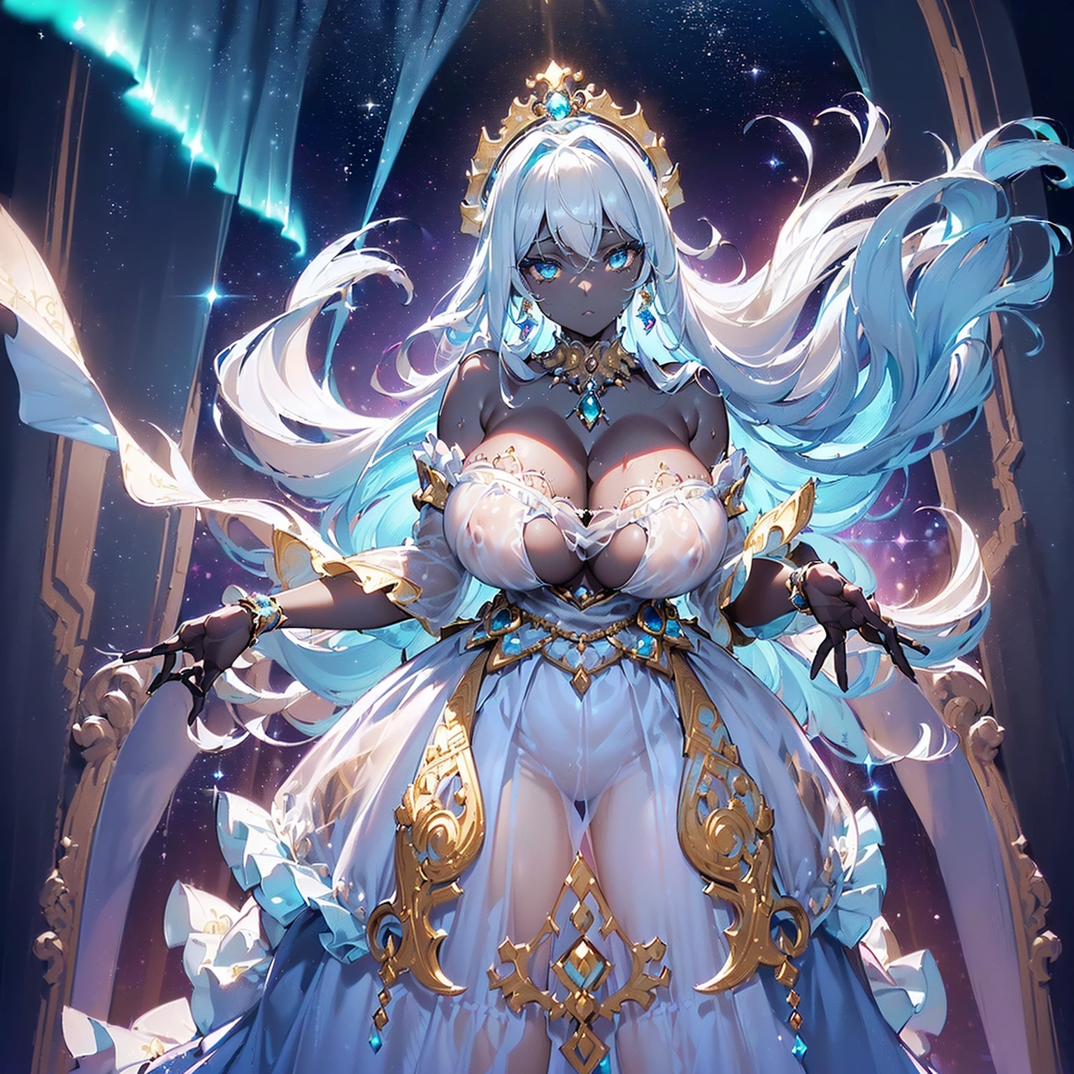 (((gigantic breasts))),((((((dark skin)))))(((vulgarity))(((large areolae)))(1girl),  (((dark skin))), (((see-through dress)))((vulgarity)) (in heat) (sweat) (masterpiece) ((high resolution)) (gigantic breasts)),masterpiece,best quality,ultra-detailed,an extremely delicate and beautiful,extremely detailed CG unity 8k wallpaper,(game cg:1.3),(cinematic light),fine luminescence,overexposure,perfect anatomy,(((soro))),((1 lady)),((royal cute princess)),(highly detailed beautiful face and eyes),clear pupil ,very long hair,((((Large amount of hair)))),random colors hair,shiny hair,floating hair, ((lage breast)),cleavage,(curvy),gleaming skin,(((beautiful detailed rococo style ruffled ball gown))),((((beautiful detailed gorgeous embroidery ruffled full-length draping puffy skirt)))),Beautifully gorgeous jeweled tiara, gem earrings,Beautifully Gorgeous gem necklace,(Beautifully Gorgeous jewelry ornaments), ultra long gloves,((dynamic angle)),looking at viewer, ((royal fantasy palace)),throne room,((light particles)),(cowboy_shot),full body,1girl, winter, snowy, (night:1.2), under the aurora, starry sky,