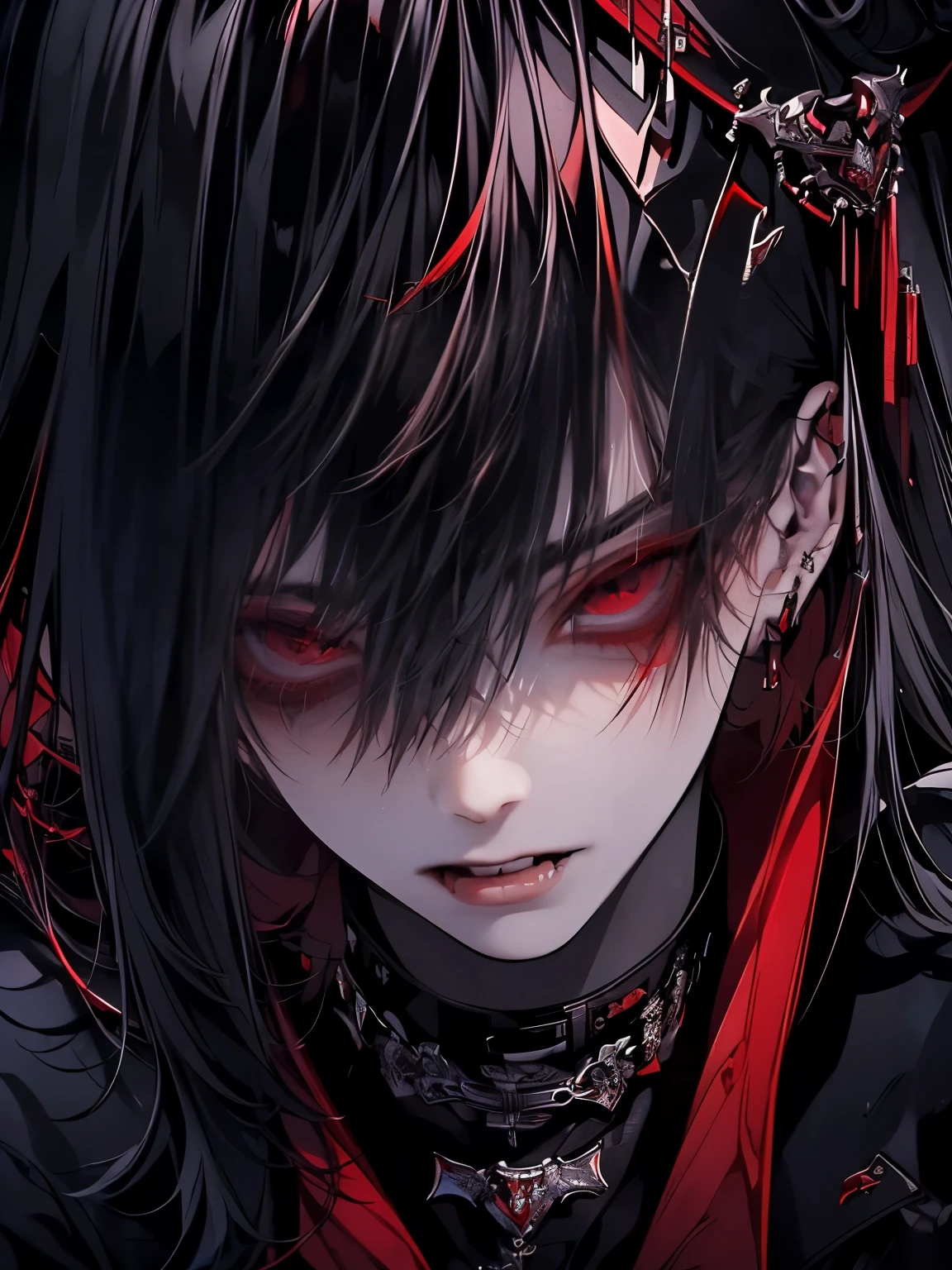 (best quality), 1man,Masculinity, perfect face, pretty face, The facial details are particularly rich,(One with long black hair:1.5),(red eyes:1.4),(vampire:1.4),(Open your mouth to show your fangs:1.3),Gorgeous dark atmosphere, man in black suit,late night