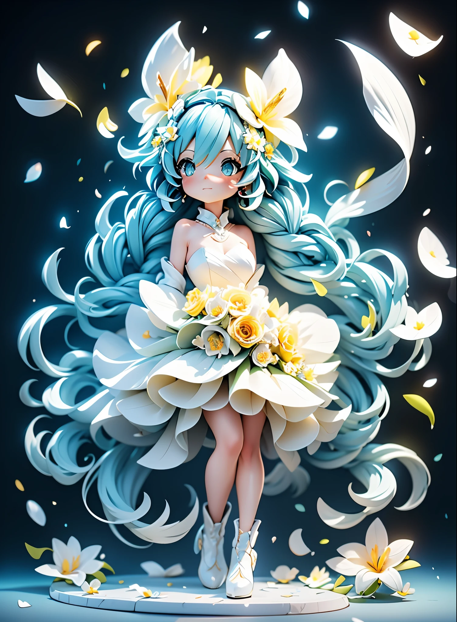 hatsune miku blue hair , Kagamine Rin yellow hair , White Wedding Dresses, long hair, flower hairpin, wedding bouquet wrapped in white paper, hand caressed hair, The effect of falling white petals, lily, big,