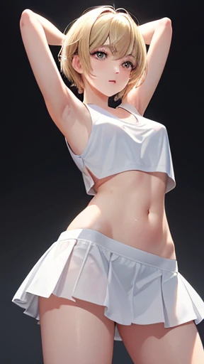 Japanese junior and senior high school girl Athletics Club activities Outdoors Raise both arms wide Legs apart Running Beautiful girl Blonde Short hair Small breasts Slim Beautiful legs Delicate and beautiful skin White tank top White underwear Underwear is see-through Very exposed skin The underside of the chest is visible The clothes are wet The belly button is exposed The whole body is wet with sweat The hair is wild and messy The hair is wet The shy expression A perspective viewed from directly below The armpit hair is growing