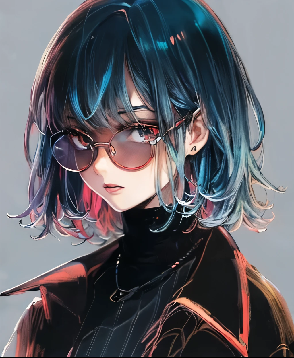 anime girl with blue hair and red glasses, anime atmosphere, anime style illustration, anime style 4 k, anime style artwork, 80年代のanime atmosphere, 2 d anime style, anime style. 8K, anime art style, anime style portrait, modern anime style, anime style art, anime style character, anime style only, style anime, High quality anime art style、black color lenses