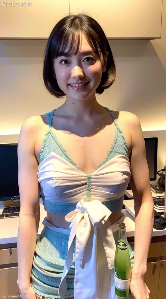 (best quality,16k,high resolution,masterpiece:1.2),ultra-detailed,(realistic,photorealistic,photo-realistic:1.37),(full-body image in a bikini),18 years old,beautiful detailed face,detailed illustration,Renaissance art,delicate artwork,kitchen,kitchen apron,age girl,gently pouring breast milk into a bottle,soft and pastel color palette,studio lighting