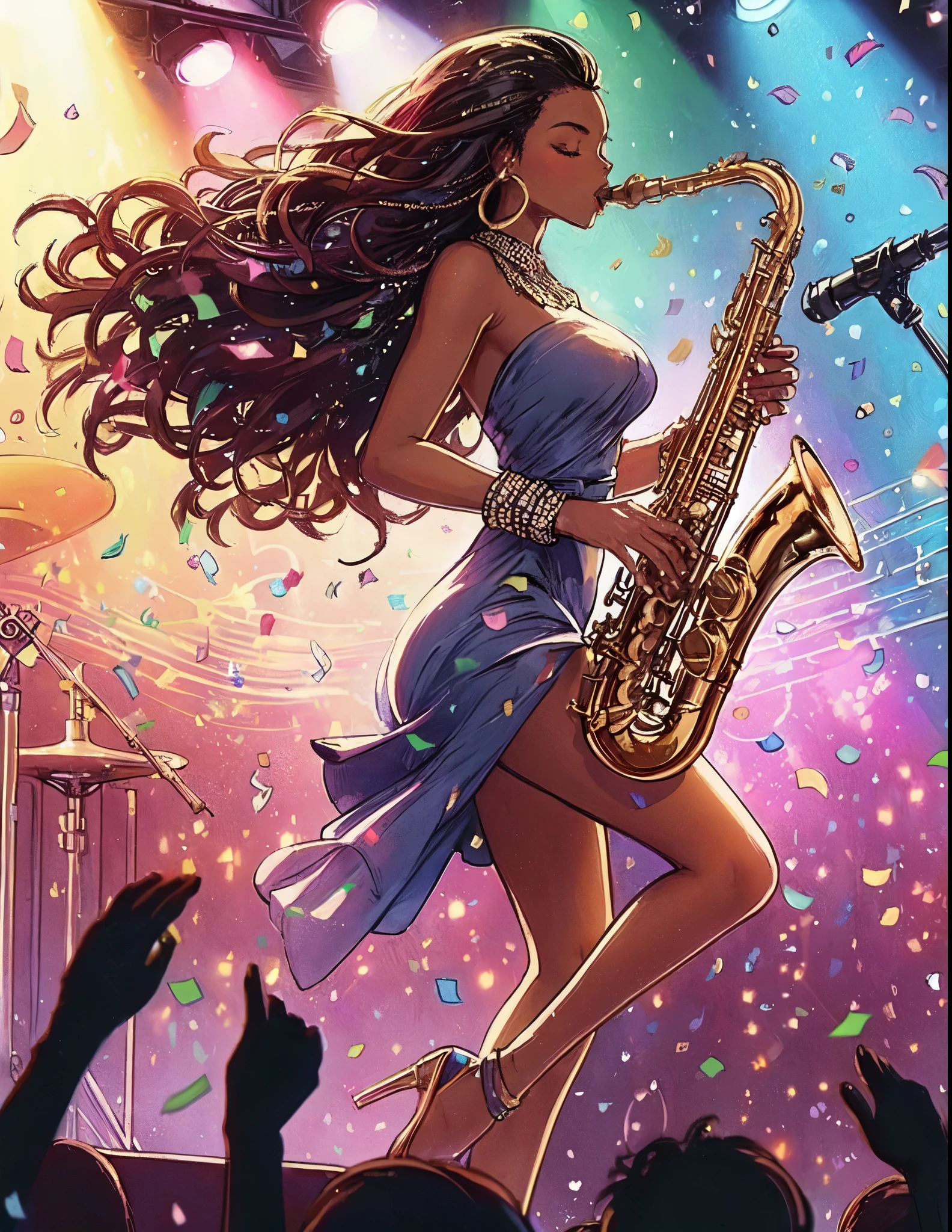 1lady solo, (playing the saxophone), (dynamic posing), (stylish outfit), mature female, (dark skin), /(black hair/) dreadlocks bangs, (eyes slightly closed), (holding saxophone in mouth) (closed mouth:1.1), (masterpiece best quality:1.2) delicate illustration ultra-detailed, large breasts BREAK (silver and gold confetti:1.2) dancing down BREAK (music stage) indoors, colorful confetti, spotlight, audience, detailed background