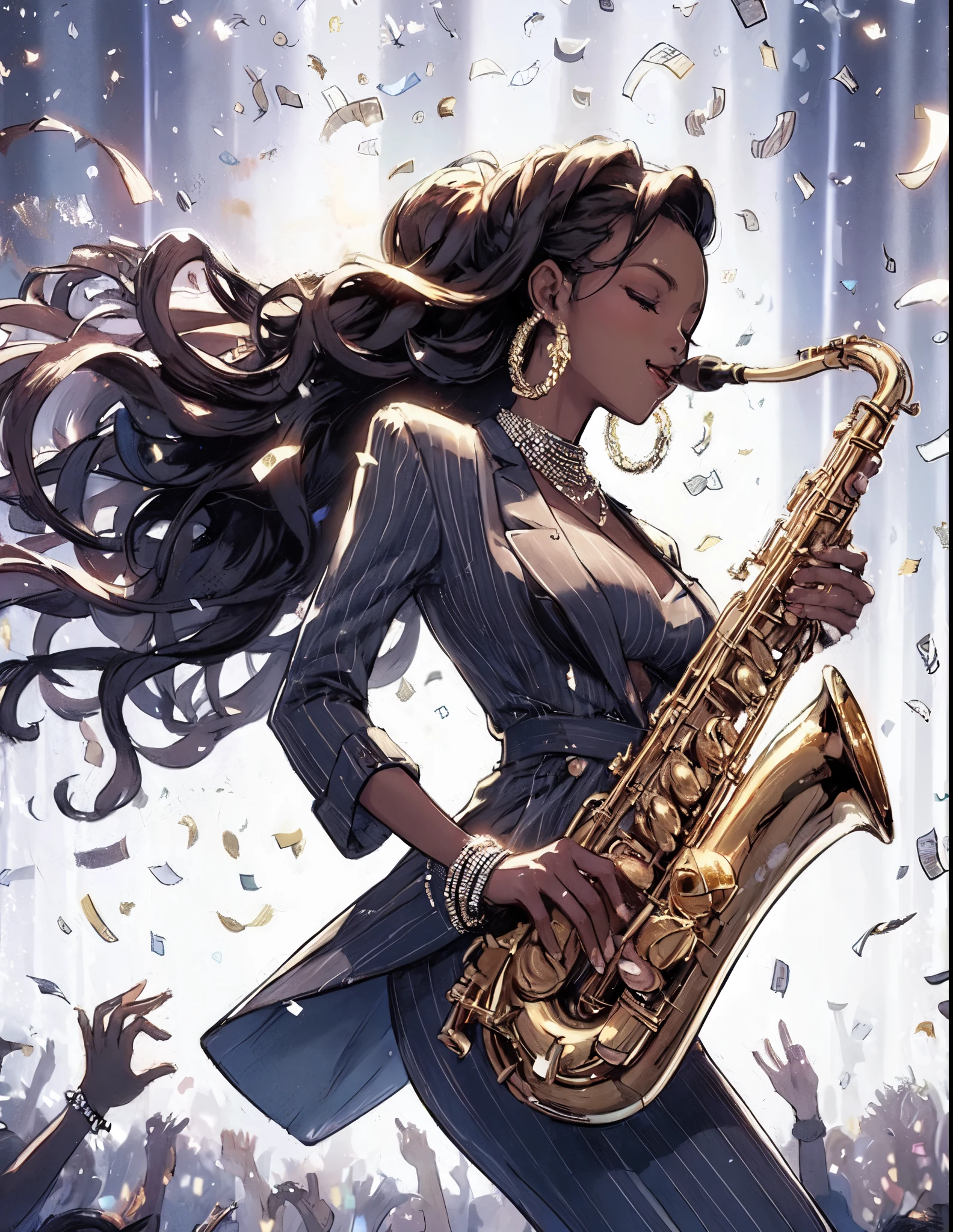 1lady solo, (playing the saxophone), (dynamic posing), (stylish outfit), mature female, /(blond hair/) bangs, light smile (eyes slightly closed), (holding saxophone in mouth) (closed mouth:1.1), (masterpiece best quality:1.2) delicate illustration ultra-detailed, large breasts BREAK (silver and gold confetti:1.2) dancing down BREAK (music stage) indoors, colorful confetti, spotlight, audience, detailed background