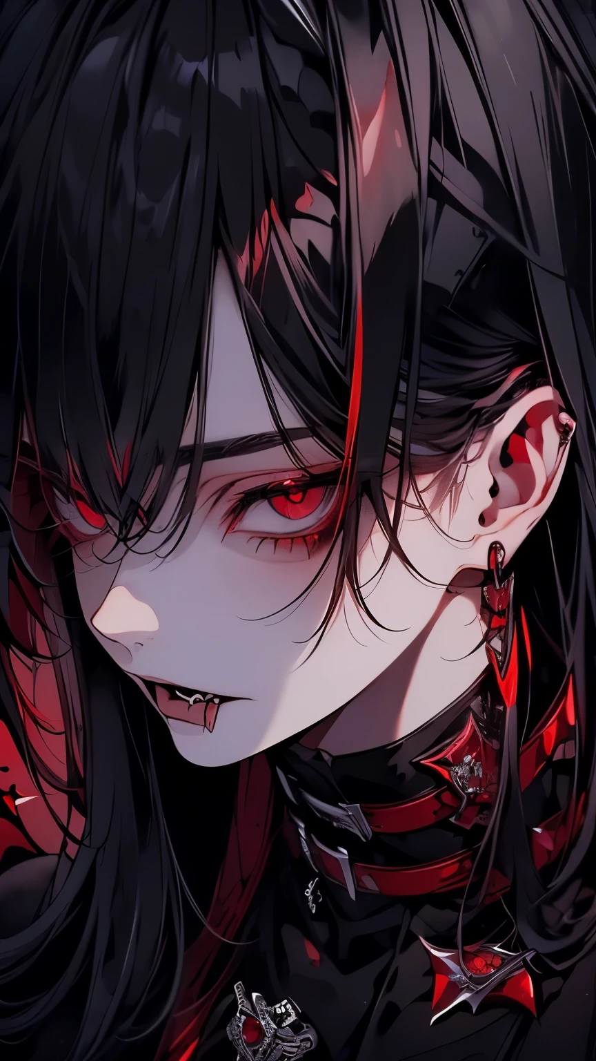 (best quality), 1man，Masculinity,  perfect face, pretty face, The facial details are particularly rich，(One with long black hair:1.5)，(red eyes:1.4)，(vampire:1.4)，(Open your mouth to show your fangs:1.3)，Gorgeous dark atmosphere, man in black suit，late night