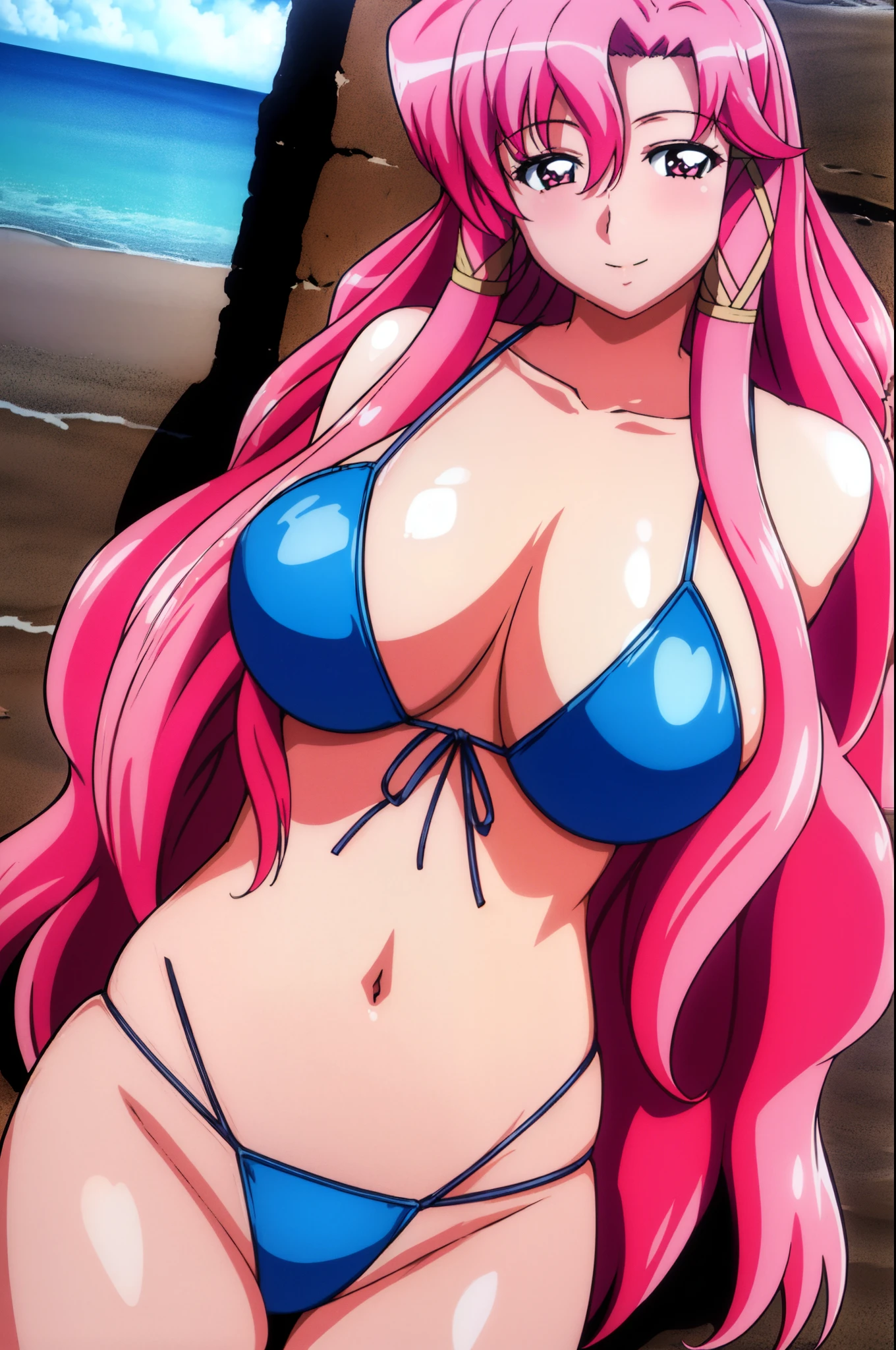 1 girl, pink hair, long hair, pink eyes, smile, sexy body, big breast, HDR, 8K, stand in the center of image looking at you, at the beach wearing a sexy swimsuit