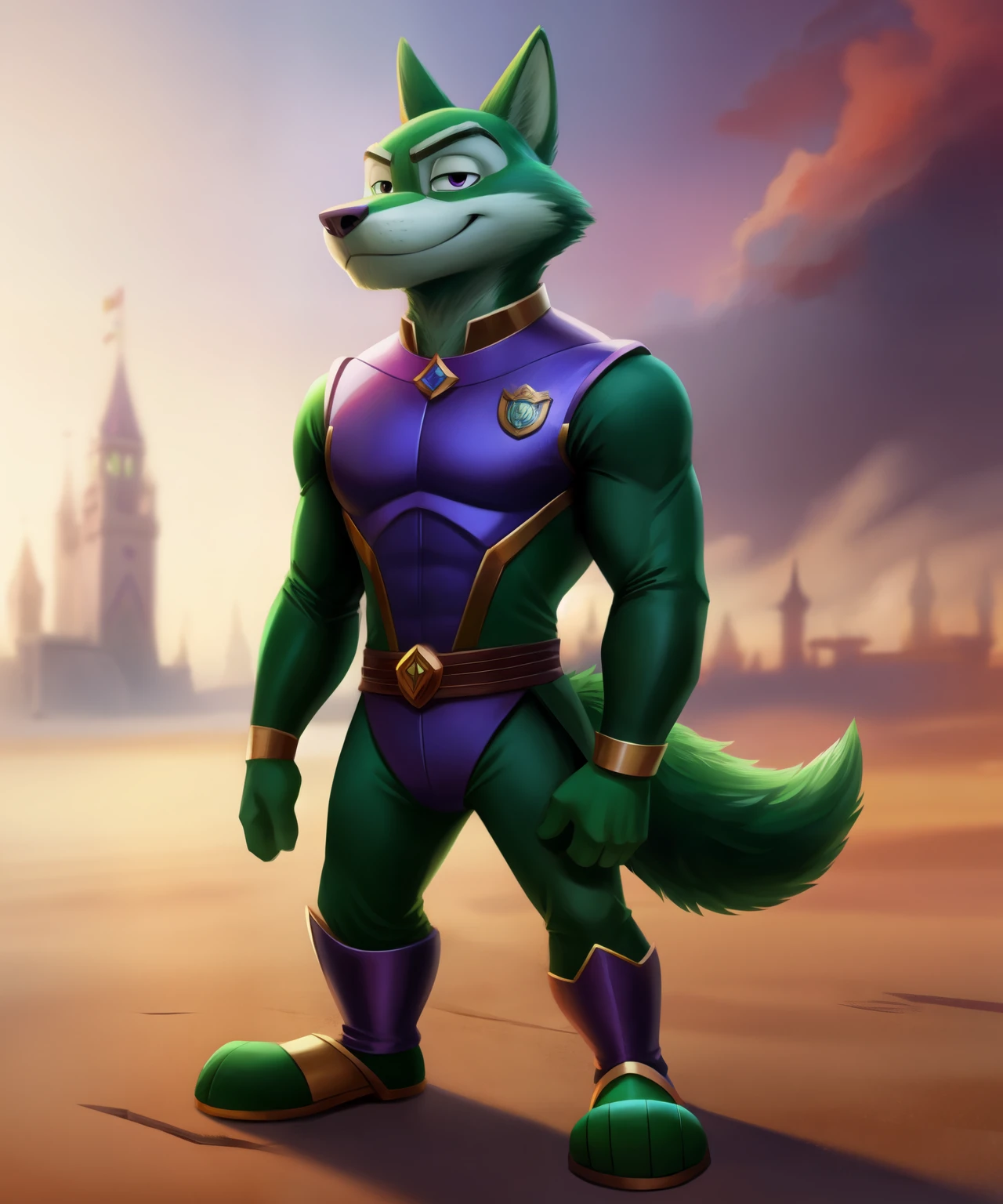 Kang The Conqueror as an wolf, purple and green supersuit, Zootopia style, full body view