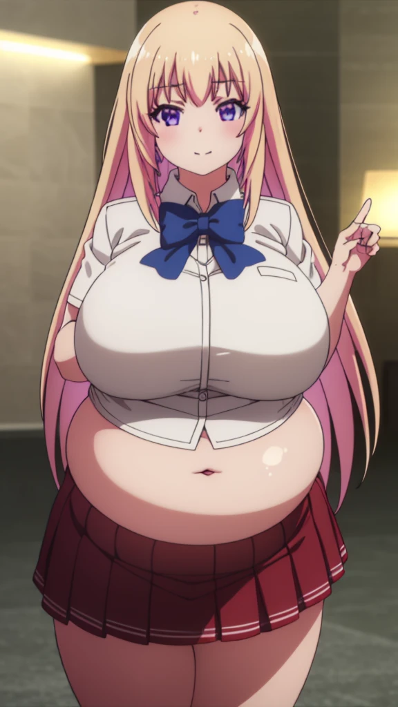 honamiichinose, honami ichinose, long hair, blonde hair, (purple eyes:1.1), hair between eyes, smile,
BREAK skirt, bow, school uniform, pleated skirt, bowtie, blue bow, red skirt, collared shirt, white shirt, short sleeves,
BREAK indoors, classroom,
BREAK looking at viewer, (cowboy shot:1.5),
BREAK (masterpiece:1.2), best quality, high resolution, unity 8k wallpaper, (illustration:0.8), (beautiful detailed eyes:1.6), extremely detailed face, perfect lighting, extremely detailed CG, (perfect hands, perfect anatomy), (Curvy: 1.4), (extra-gigantic breasts:1.4), (extra-gigantic belly:1.4), thick thighs, panties, cleavage. chubby, (massive tits)), ssbbw, she has a jiggly fat round belly, ssbbw, ((natural big body)),(((natural the biggest belly))),(((natural the biggest belly))),(((natural the biggest belly))),(((natural the biggest belly)))(((natural the biggest belly))),(((natural the biggest ass))), (ultra detailed eyes 1.4)