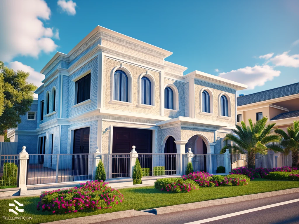 Modern townhouse, combining neoclassical style, street, car driving in front of the house, (LoGo:1.5 does not appear), Modern style, Extremely detailed image, masterpiece, surreal, rendered with vray 2023, Render 8k, White painted walls, aluminum glass doors and windows, large ceramic tiled yard, Natural light, cloudy, some pretty small flower pots during the day, 8K