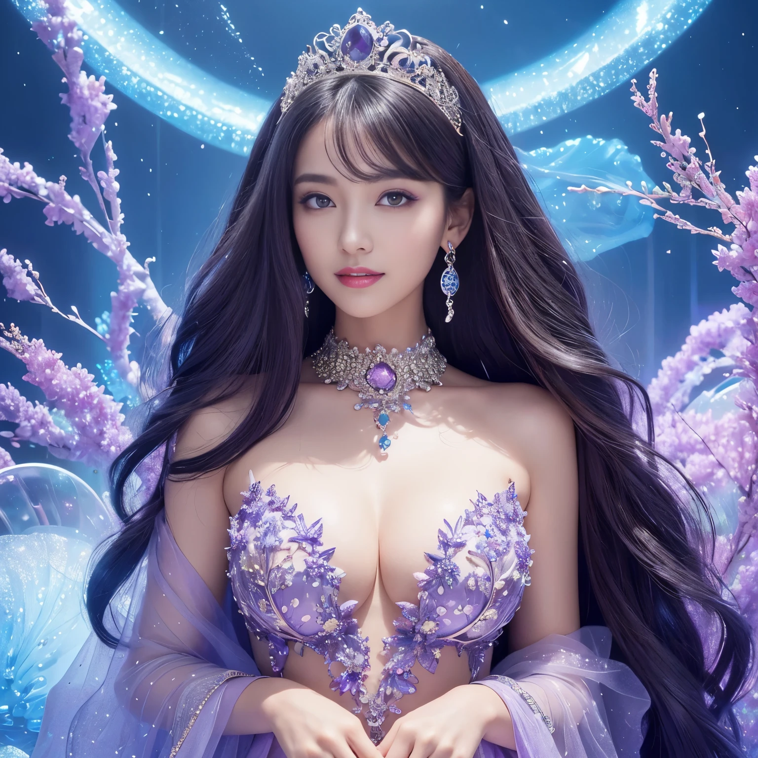 (highest quality、table top、8K、best image quality、hyper realism)、(The most extravagant and luxurious finest mermaid goddess:1.2)、(The most extravagant and gorgeous mermaid princess:1.2)、(The most realistic shining perfect mermaid tail and scales:1.3)、(The most luxurious and finest transparent sleeve:1.1)、(Sitting on the most luxurious and finest giant bed:1.25)、(upper body photo:1.1)、(The wall of the room is a huge high-quality aquarium:1.2)、(A huge, highly detailed aquarium of the highest quality:1.3)、(Surrounded by a huge aquarium of the highest quality:1.2)、(The most detailed depiction of the most beautiful gigantic aquarium that shines fantastically:1.2)、(Surrounded by the most extravagant and fantastical finest purple and blue giant aquariums:1.2)、(The most detailed depiction of sea creatures in a huge aquarium:1.2)、(The most fantastic dome-shaped luxury princess room with glittering purple and blue colors:1.2), (A sparkling room made of sparkling crystals in the most magical purples and blues:1.3)、(There are many beautiful corals and shells in the room.)、(the biggest smile when you look at me:1.2)、Wavy brown hair、Complex, Finely shining scales、(Finest Huge Jewelry Decoration:1.1)、The most gorgeous high-end princess costume、the most luxurious decoration、全身にComplex宝石が施されている、Describe her face in detail、Giant tiara、Clear and detailed background、(Everything is a fantastic and glittering background:1.1)、(accurate anatomy:1.1)、(The most luxurious and huge finest jewelry decoration:1.1)